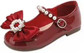 Toddler Girls Dress Ballet Shoes with Pearls Bow Strap Mary Jane Flats Flower Girl Shoes for Wedding Party Dance