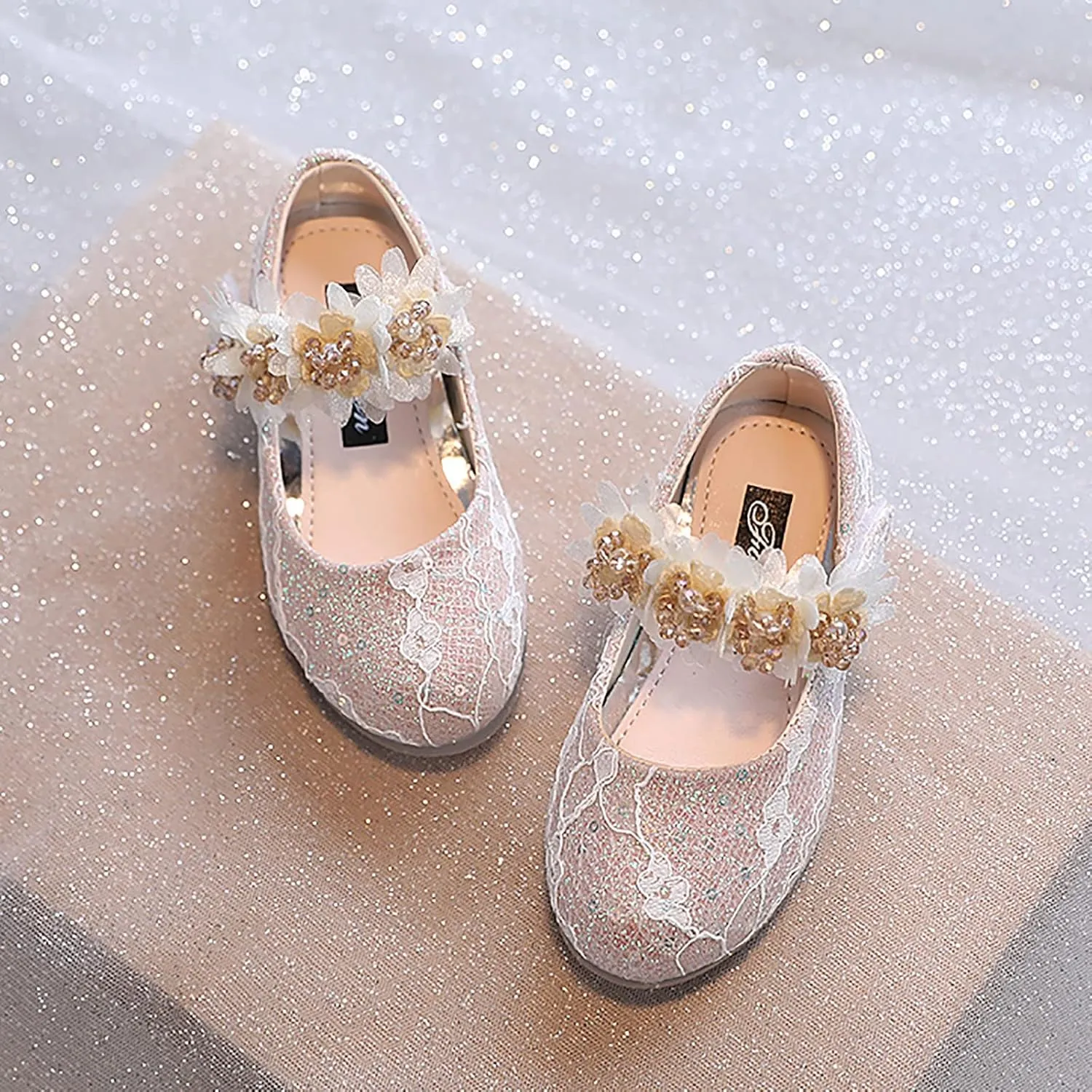 Toddler Girls Dress Shoes Flower Girl Shoes Ankle Strap Ballet Flats Pearls Mary Jane Wedding Party Flower Kid Shoes