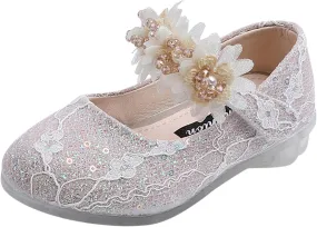 Toddler Girls Dress Shoes Flower Girl Shoes Ankle Strap Ballet Flats Pearls Mary Jane Wedding Party Flower Kid Shoes