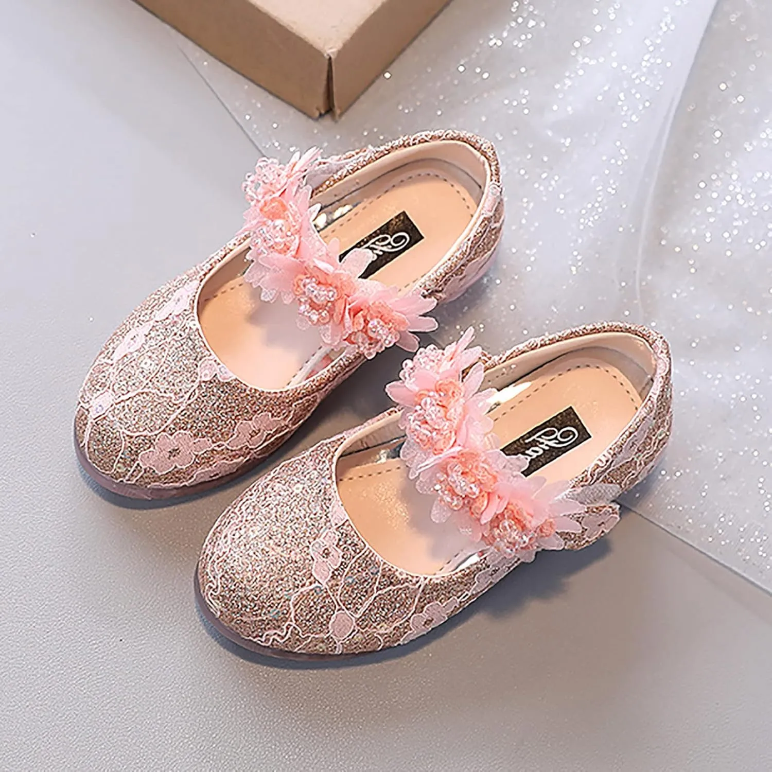 Toddler Girls Dress Shoes Flower Girl Shoes Ankle Strap Ballet Flats Pearls Mary Jane Wedding Party Flower Kid Shoes