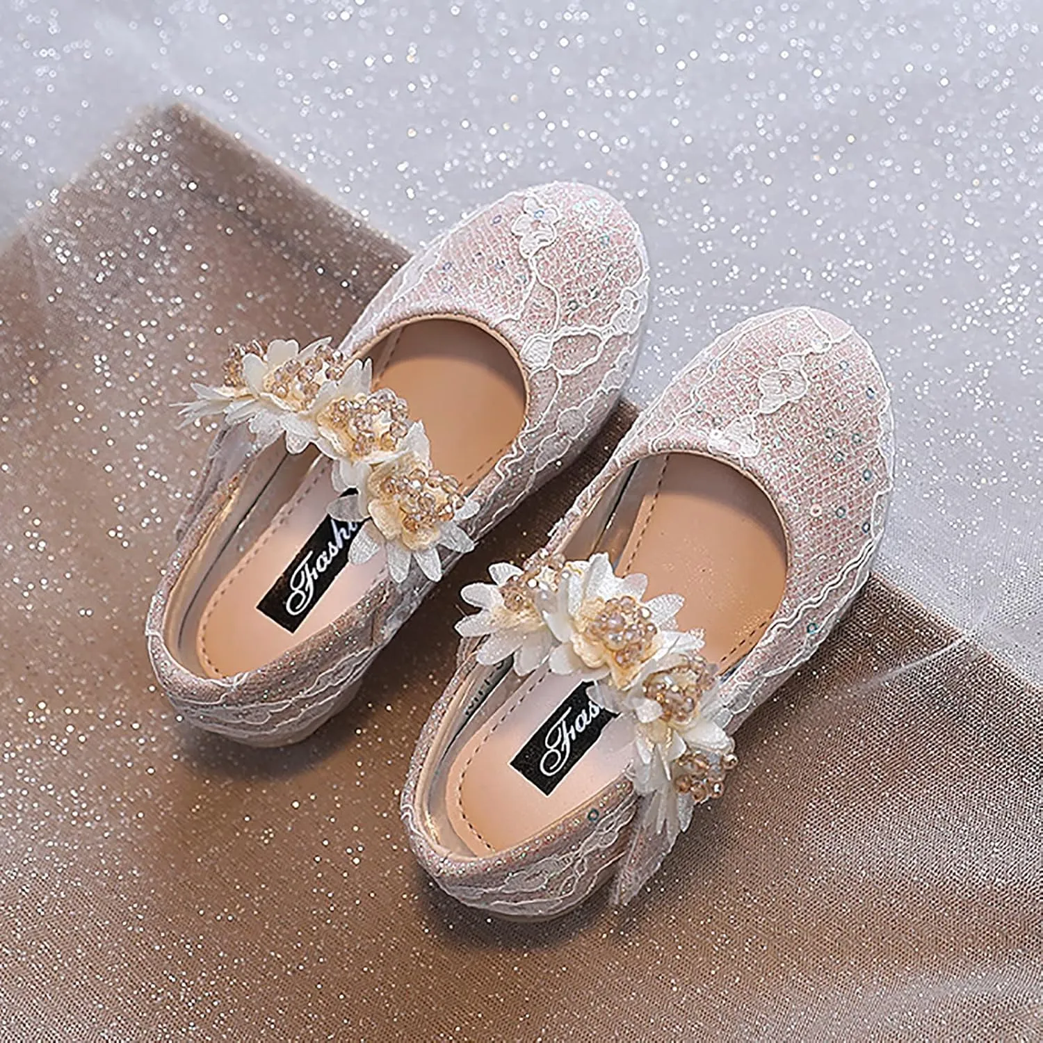 Toddler Girls Dress Shoes Flower Girl Shoes Ankle Strap Ballet Flats Pearls Mary Jane Wedding Party Flower Kid Shoes