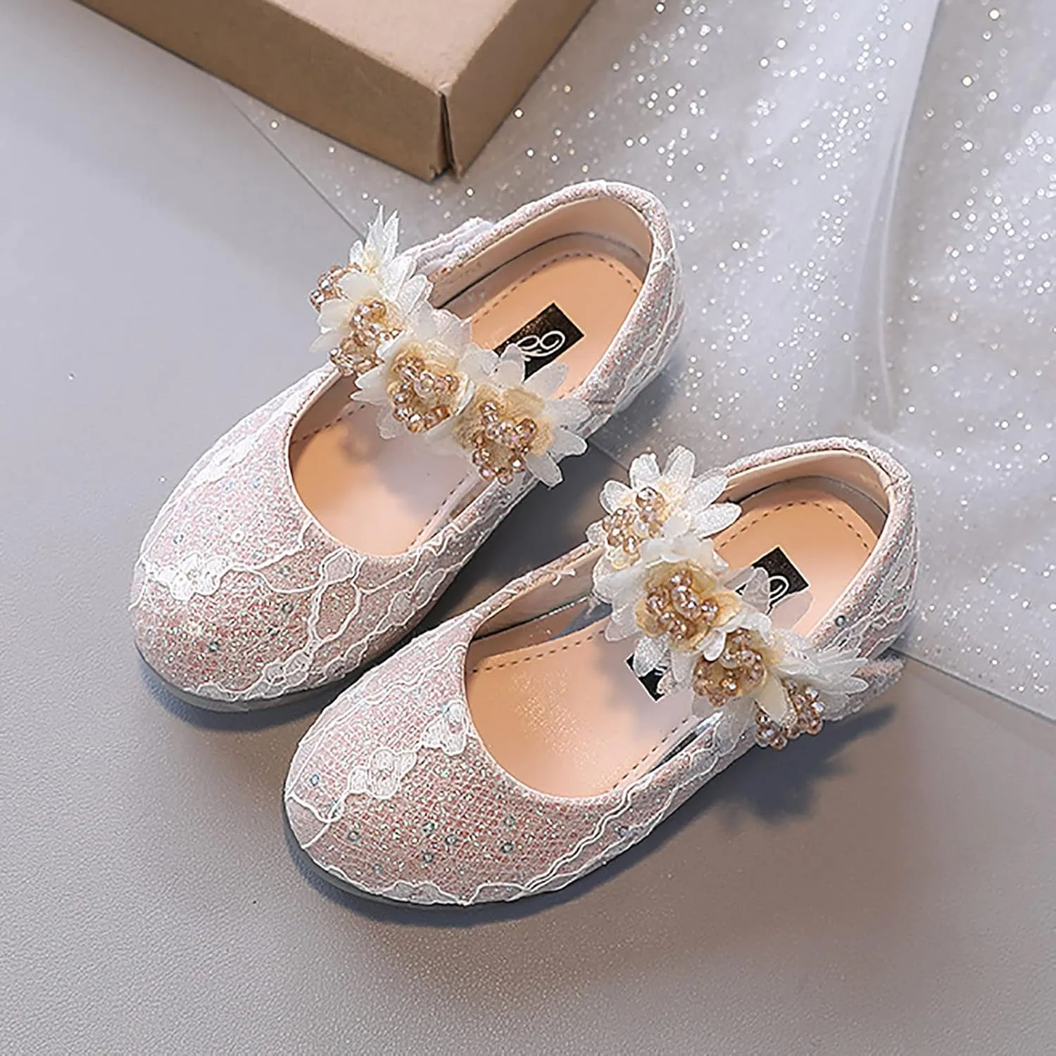 Toddler Girls Dress Shoes Flower Girl Shoes Ankle Strap Ballet Flats Pearls Mary Jane Wedding Party Flower Kid Shoes