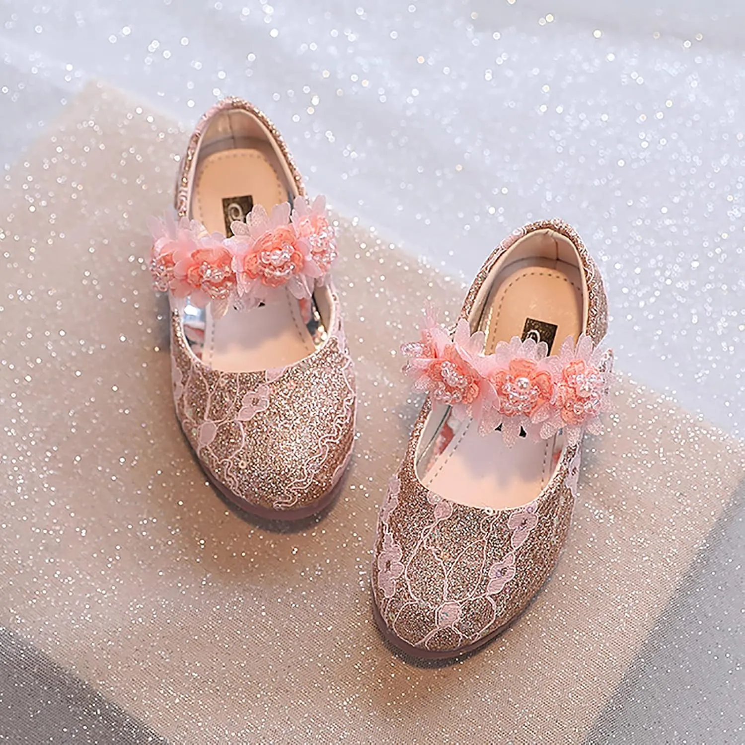 Toddler Girls Dress Shoes Flower Girl Shoes Ankle Strap Ballet Flats Pearls Mary Jane Wedding Party Flower Kid Shoes