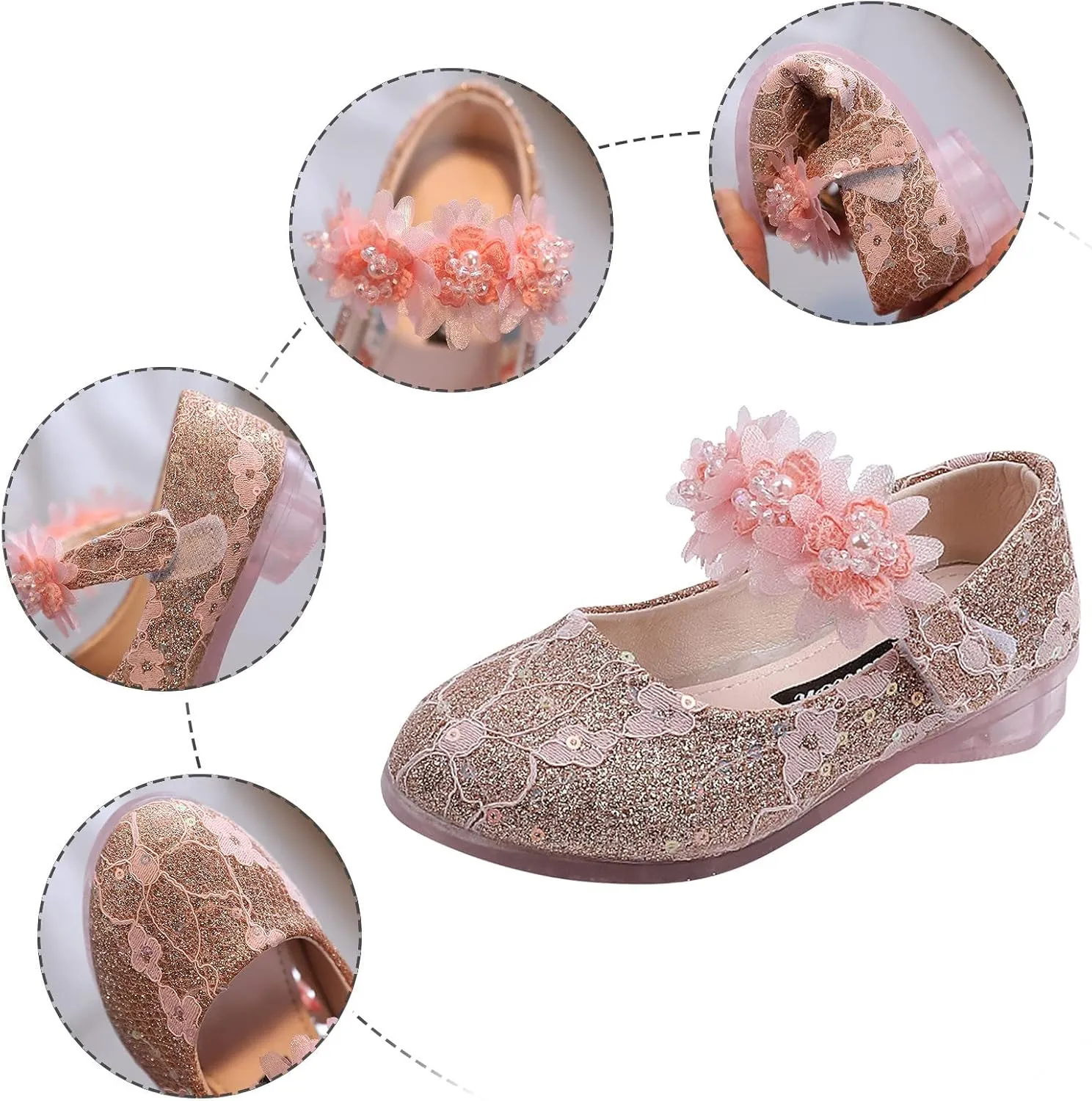 Toddler Girls Dress Shoes Flower Girl Shoes Ankle Strap Ballet Flats Pearls Mary Jane Wedding Party Flower Kid Shoes