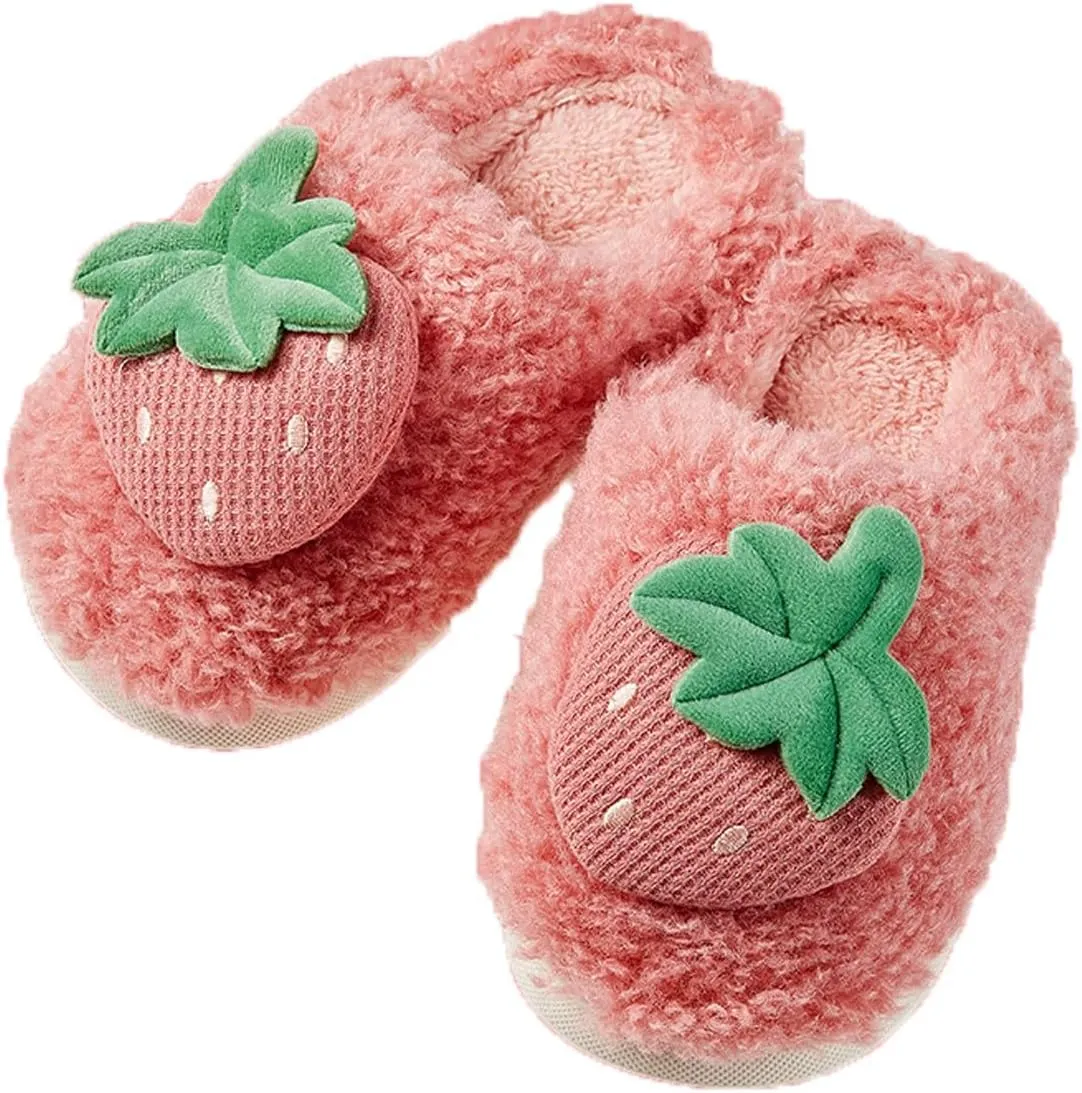 Toddler Girls Winter Slippers Cute Fruits Strawberry Print Warm House Slippers Girl Plush Fuzzy Slipper Kids