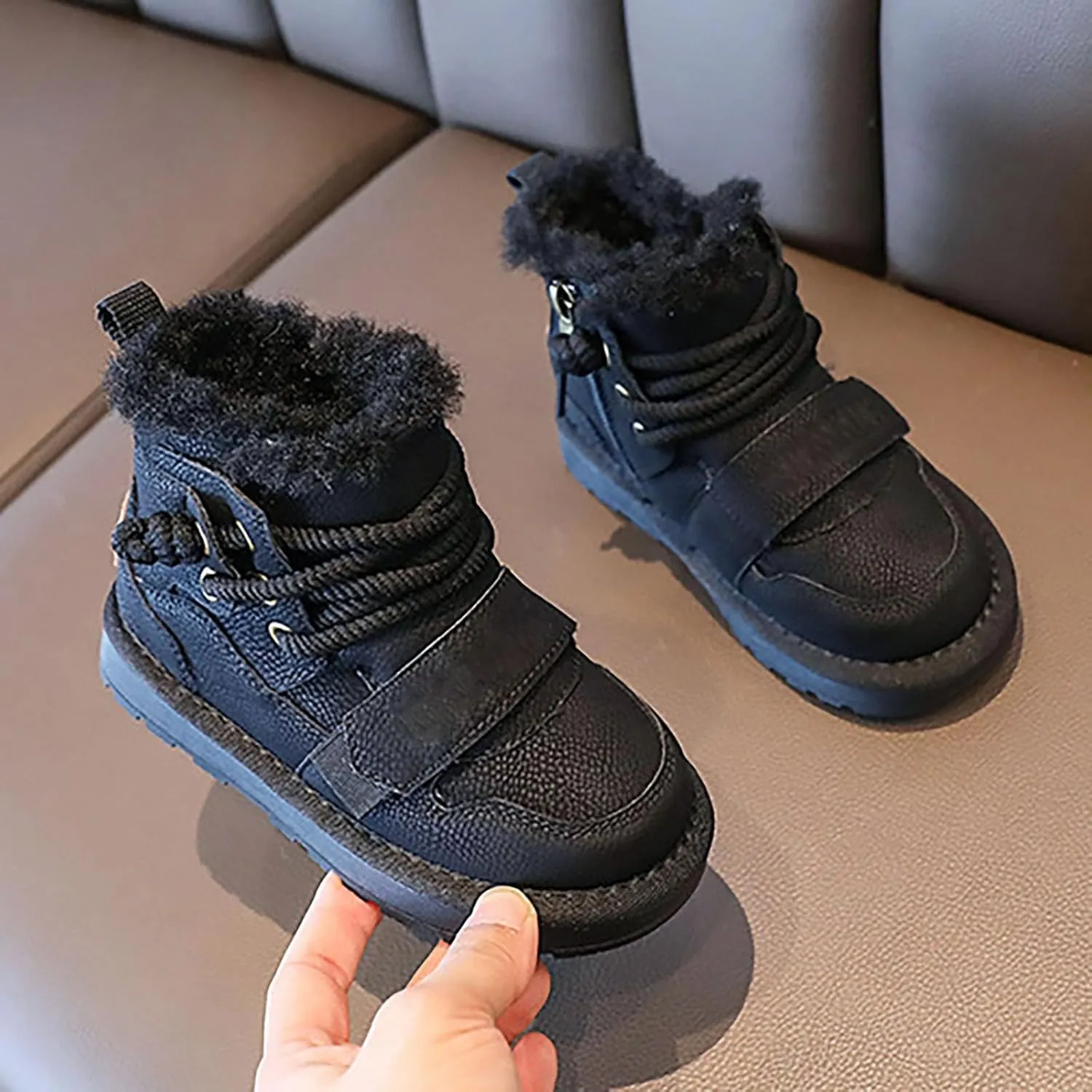 Toddler Kids Fr Lined Snow Boots Winter Boots For Boys Girls Lac Up Non Slip Ankle Booties Fuzzy Boots With Zipper