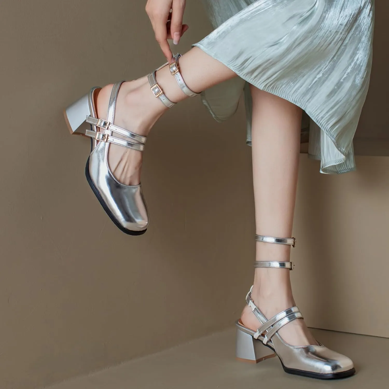 Uniquelly Womens Mary Janes Pumps Closed Toe Chunky Heels Square Toe Slingback Heels Adjustable Buckle Shoes Double Ankle Strap Dress Shoes