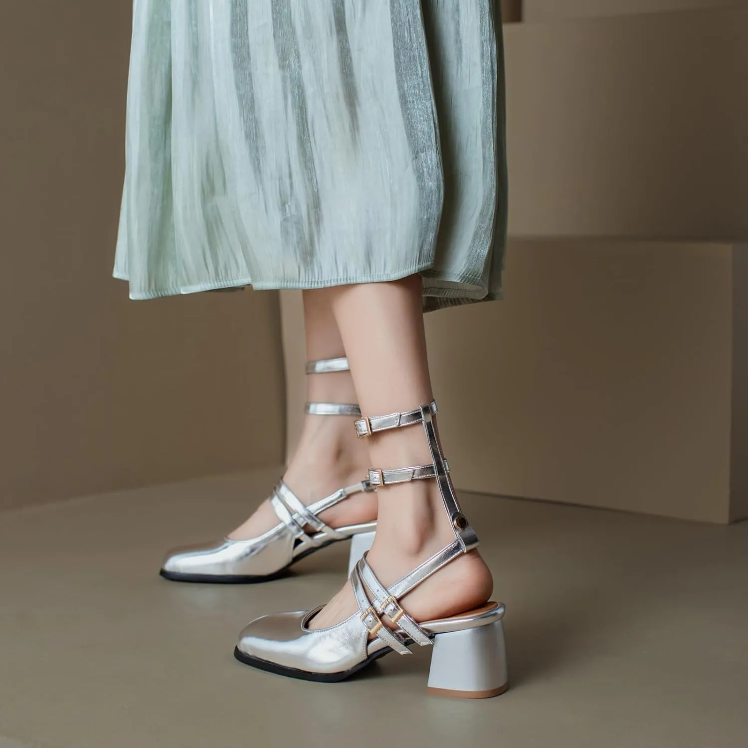 Uniquelly Womens Mary Janes Pumps Closed Toe Chunky Heels Square Toe Slingback Heels Adjustable Buckle Shoes Double Ankle Strap Dress Shoes