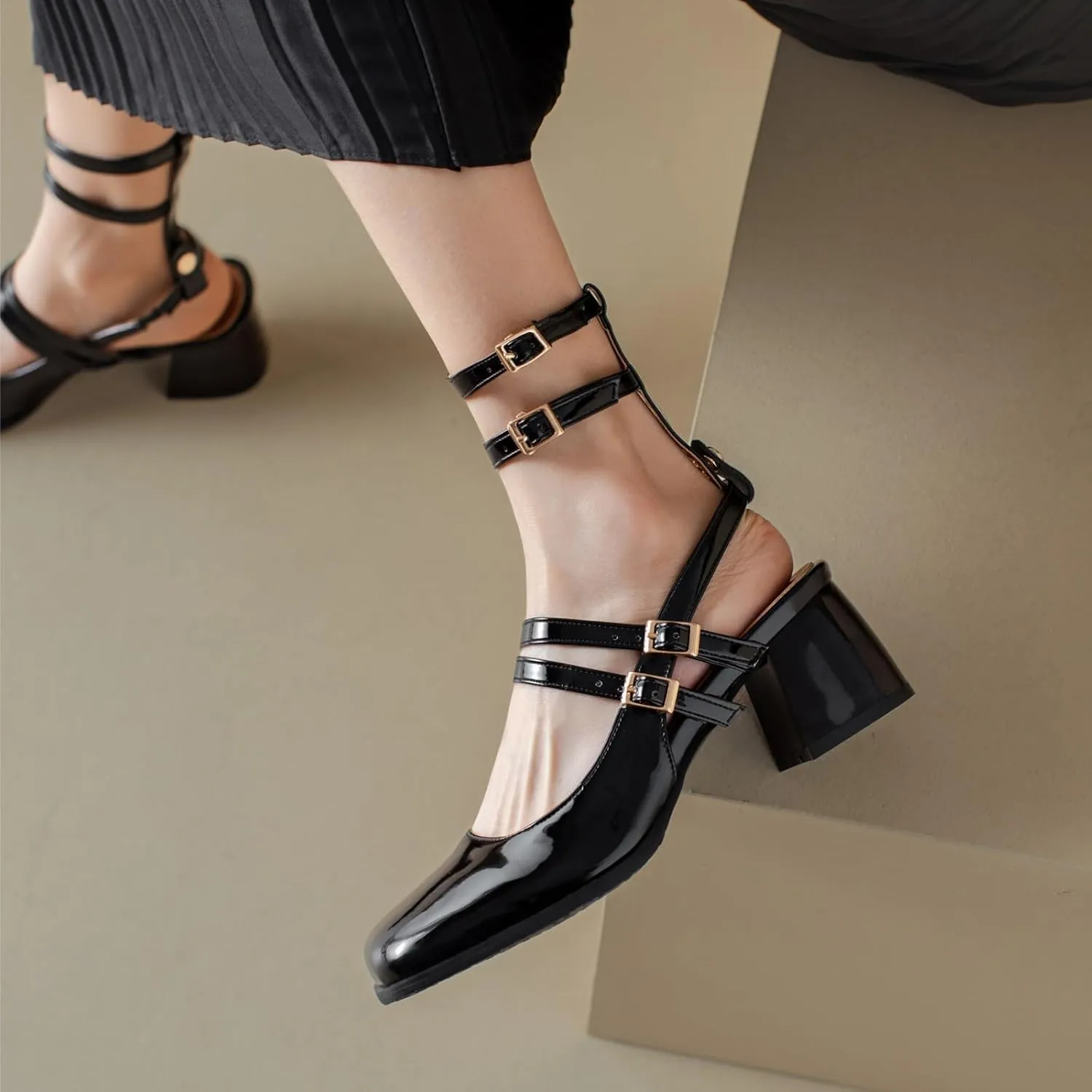 Uniquelly Womens Mary Janes Pumps Closed Toe Chunky Heels Square Toe Slingback Heels Adjustable Buckle Shoes Double Ankle Strap Dress Shoes