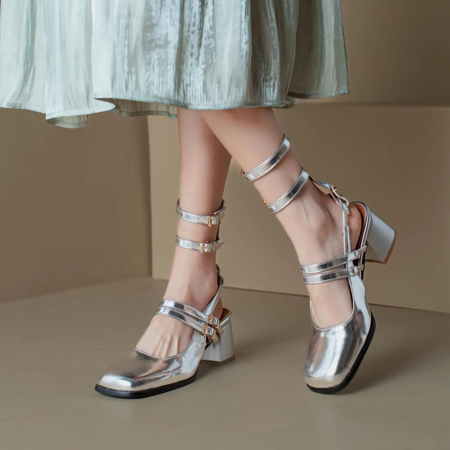 Uniquelly Womens Mary Janes Pumps Closed Toe Chunky Heels Square Toe Slingback Heels Adjustable Buckle Shoes Double Ankle Strap Dress Shoes