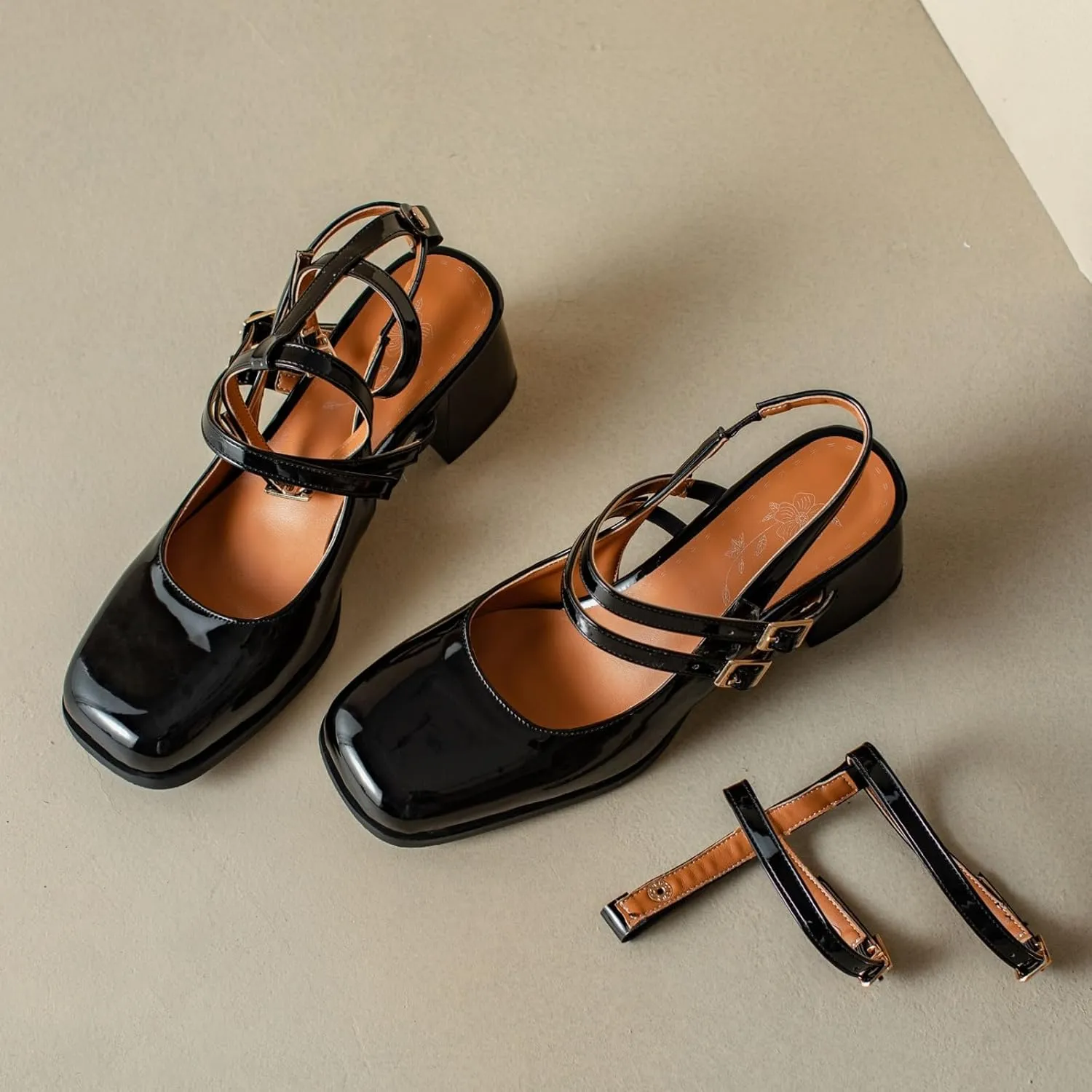 Uniquelly Womens Mary Janes Pumps Closed Toe Chunky Heels Square Toe Slingback Heels Adjustable Buckle Shoes Double Ankle Strap Dress Shoes