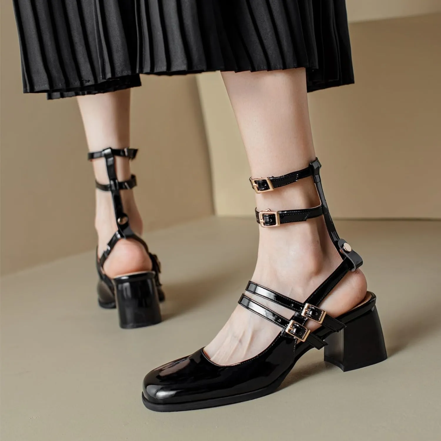 Uniquelly Womens Mary Janes Pumps Closed Toe Chunky Heels Square Toe Slingback Heels Adjustable Buckle Shoes Double Ankle Strap Dress Shoes