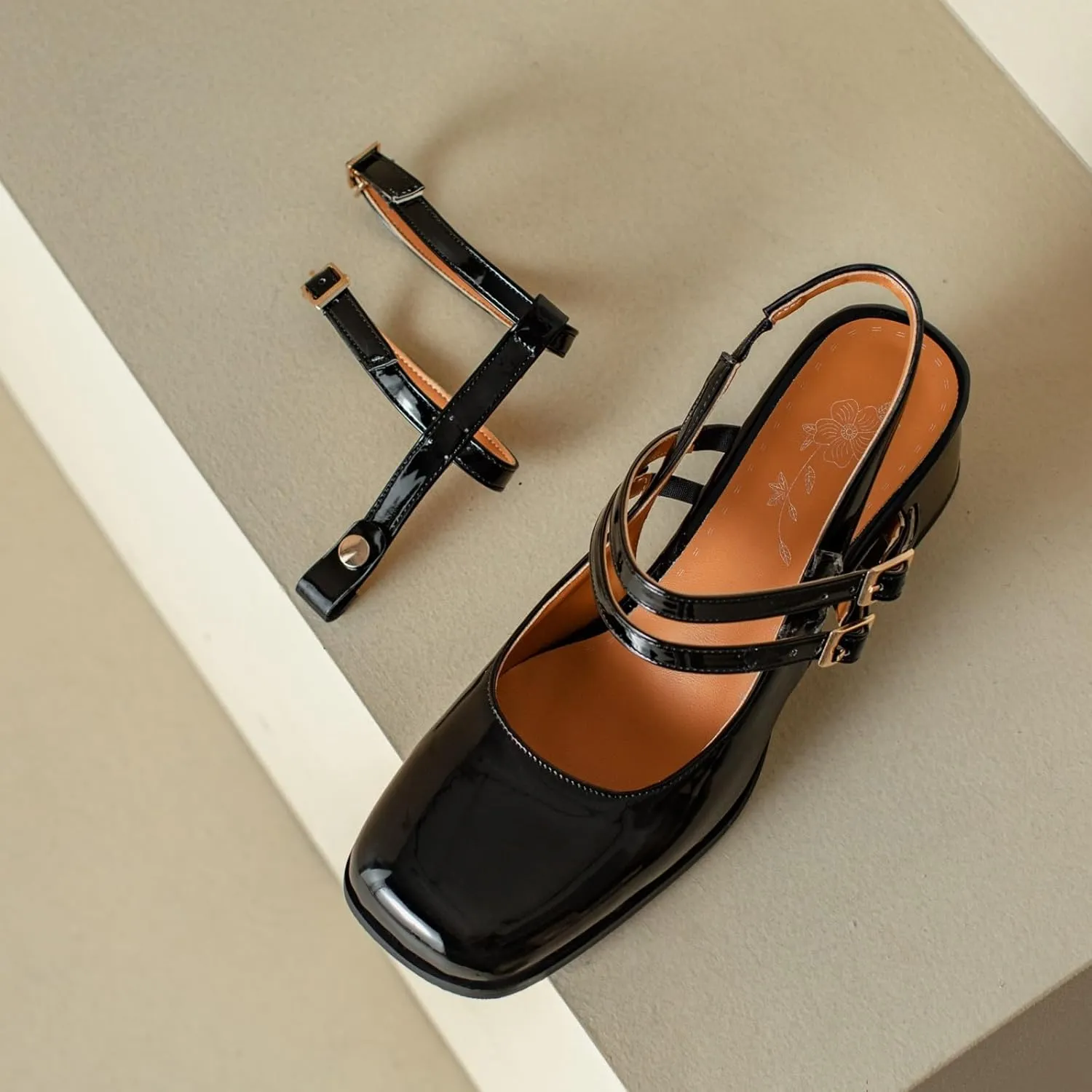Uniquelly Womens Mary Janes Pumps Closed Toe Chunky Heels Square Toe Slingback Heels Adjustable Buckle Shoes Double Ankle Strap Dress Shoes