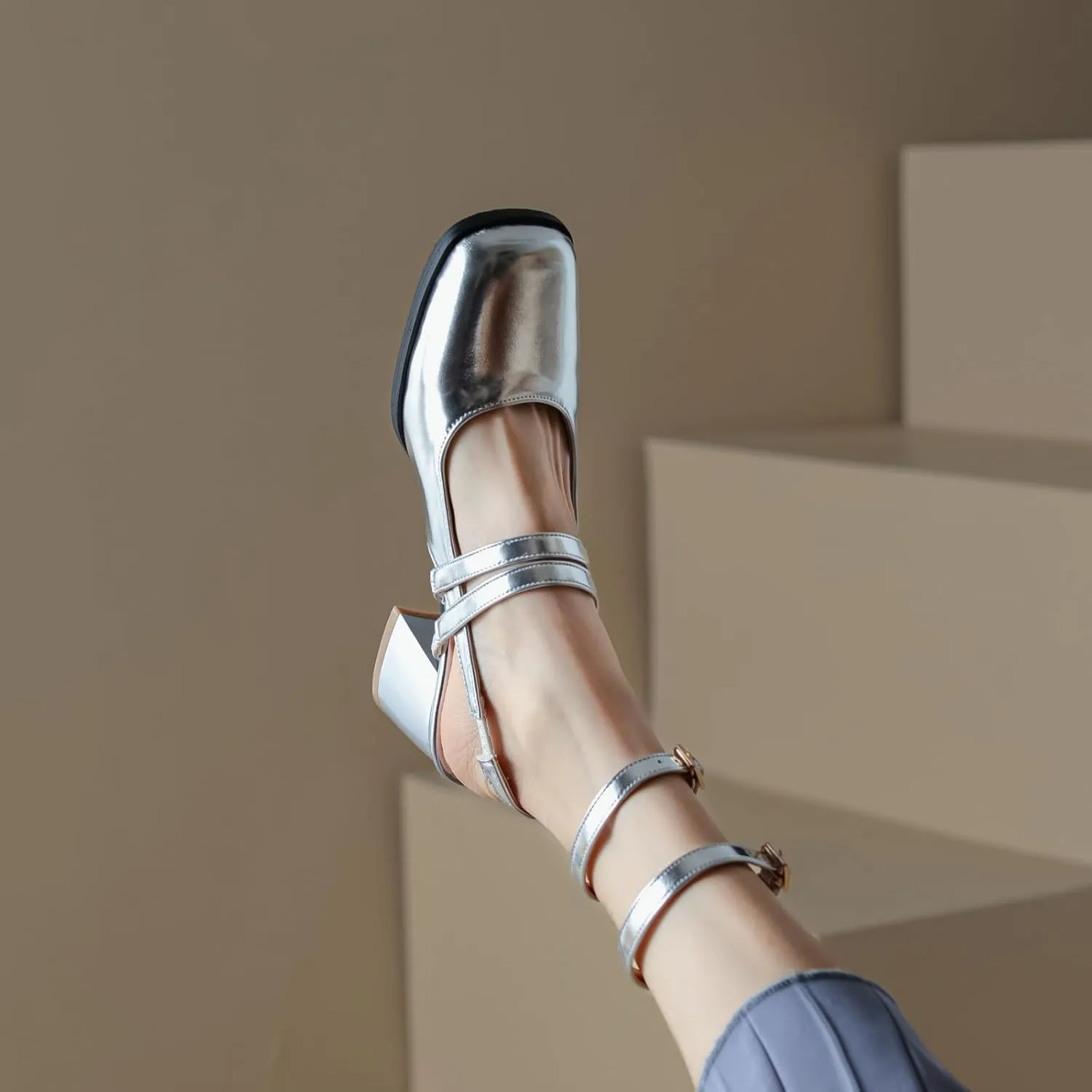 Uniquelly Womens Mary Janes Pumps Closed Toe Chunky Heels Square Toe Slingback Heels Adjustable Buckle Shoes Double Ankle Strap Dress Shoes