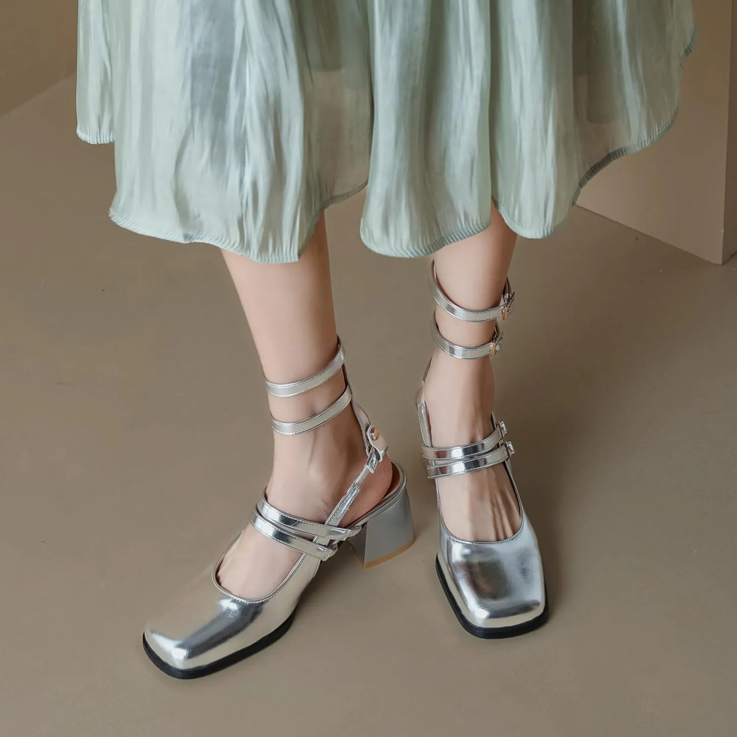 Uniquelly Womens Mary Janes Pumps Closed Toe Chunky Heels Square Toe Slingback Heels Adjustable Buckle Shoes Double Ankle Strap Dress Shoes