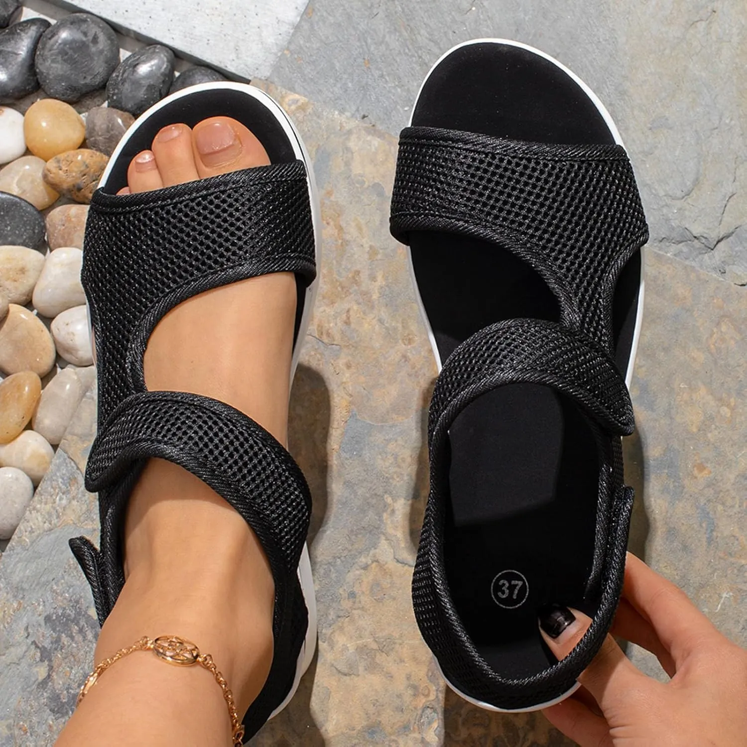 Walking Sandals Women Orthopedic Comfortable Hiking Slip On Platform Sandals Thick Athletic Cushion Adjustable Strap Summer Shoes with Comfortable Plantar Fasciitis Arch Support