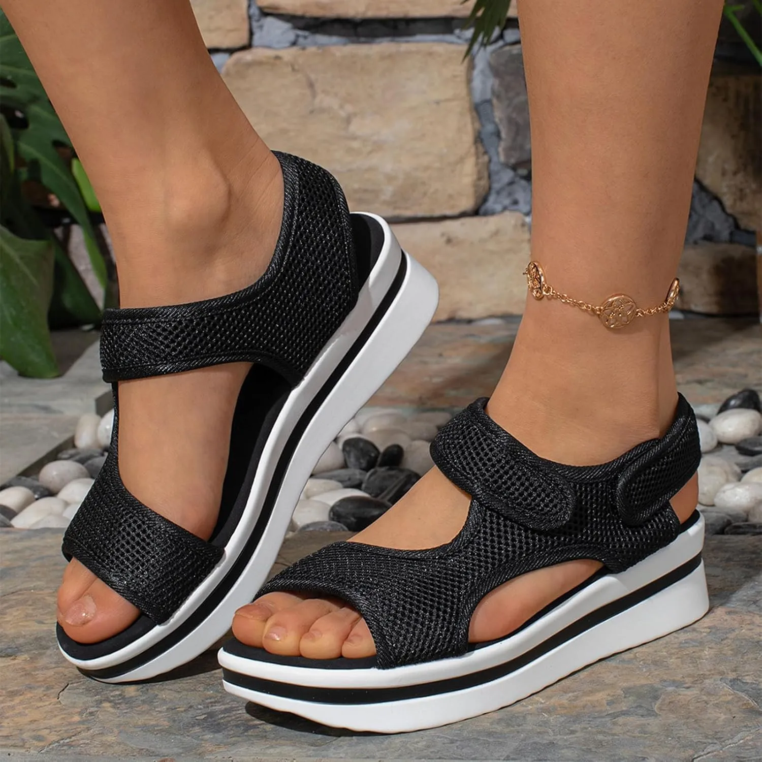 Walking Sandals Women Orthopedic Comfortable Hiking Slip On Platform Sandals Thick Athletic Cushion Adjustable Strap Summer Shoes with Comfortable Plantar Fasciitis Arch Support