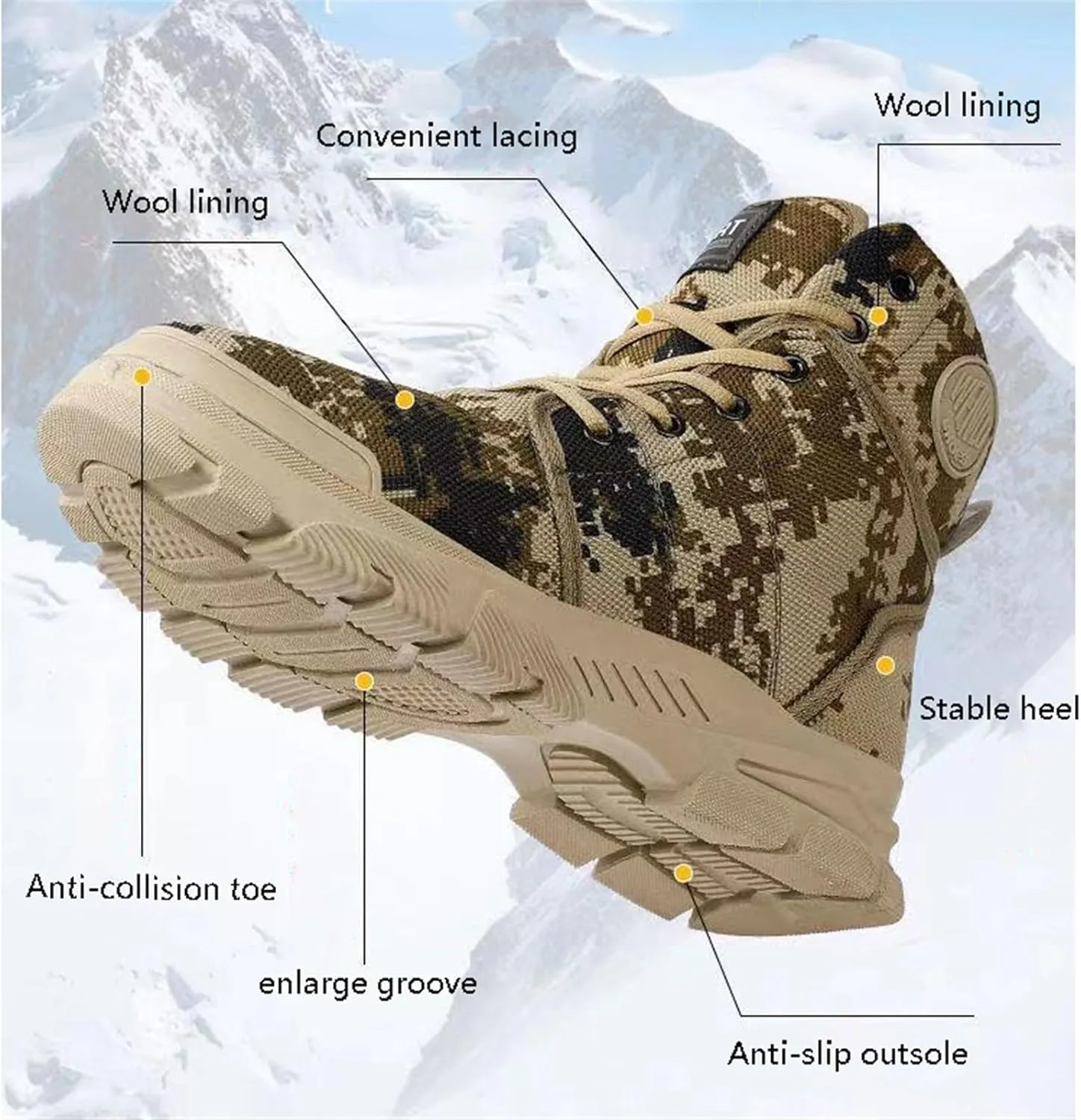 Walking Snow Boots Men, Men's Camouflage Anti-Slip Warm Fur Winter Snow Boots, Lightweight Breathable Lace up Hiking Booties, for Cold Weather, Work, Hiker, Trekking, Trail