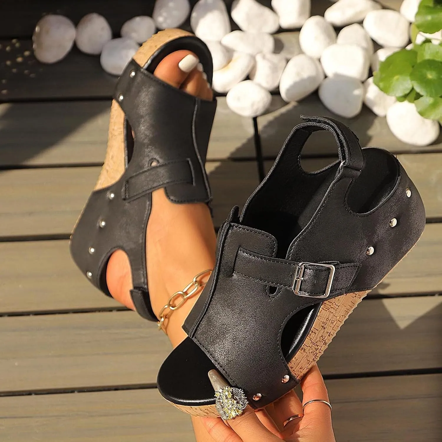 Wedge Sandals for Women 2025 Open Toe Ankle Strap Platform Sandals Cork Heeled Leather Wedges, Summer Comfortable Buckle Slingback Sandal Slip On Platform Walking Shoes