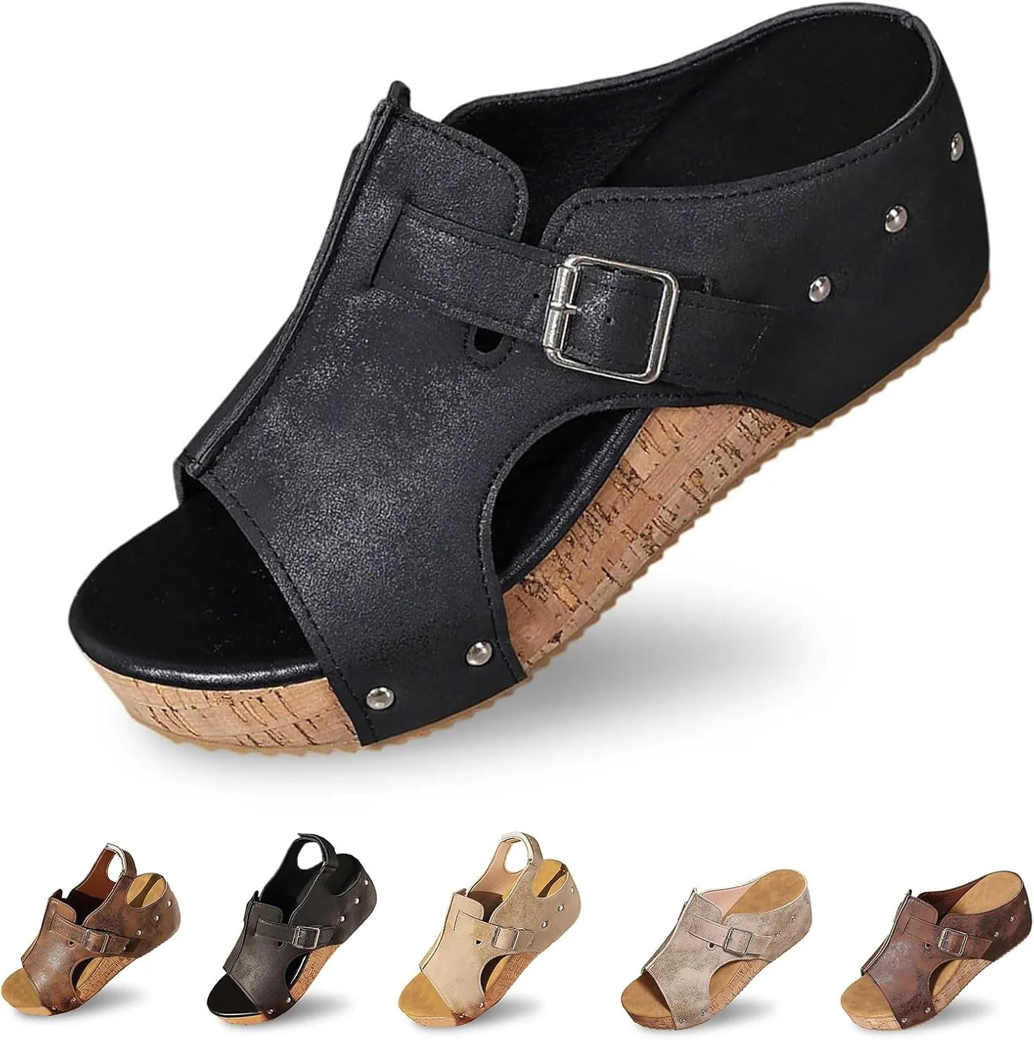 Wedge Sandals for Women 2025 Open Toe Ankle Strap Platform Sandals Cork Heeled Leather Wedges, Summer Comfortable Buckle Slingback Sandal Slip On Platform Walking Shoes
