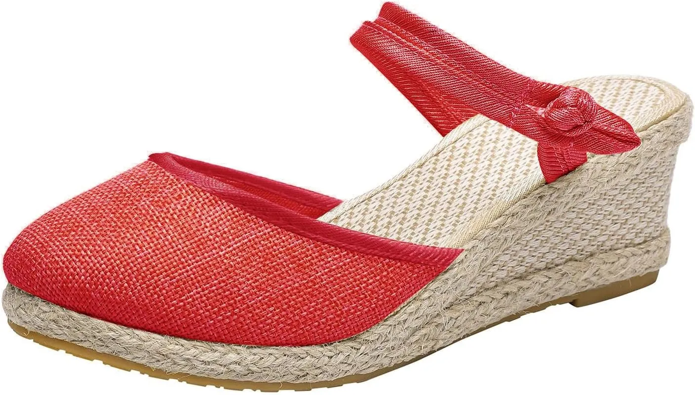 Wedge Sandals for Women Dressy Summer Closed Toe Slip On Espadrilles Slipper Sandals Fashion Fabric Canvas Slippers for Summer and Daily Wear