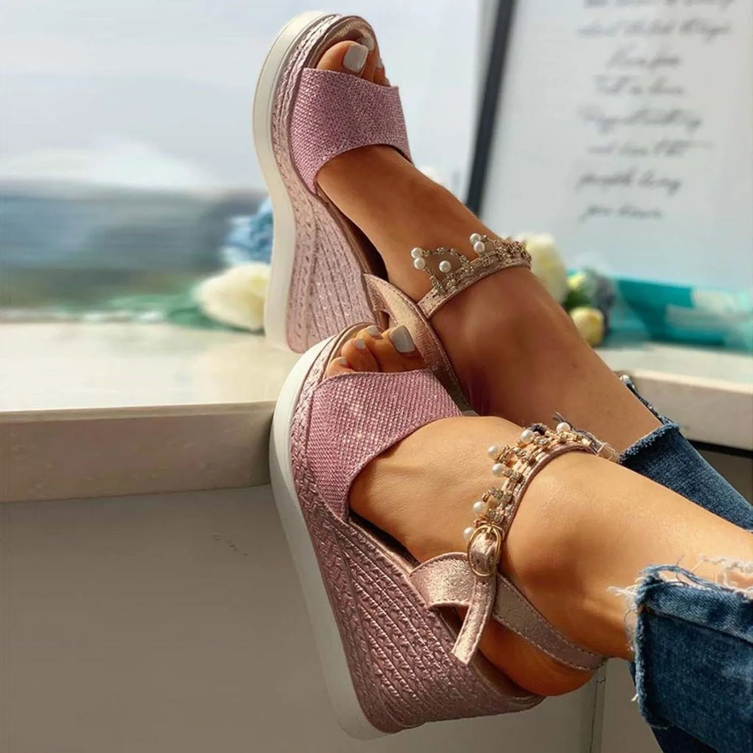 Wedge Sandals for Women Glitter Heel Sandals Rhinestone Crystal Slide Wedge Platform Sandal Open Toe Wide Orthopedic Wide Width Sandal 2025