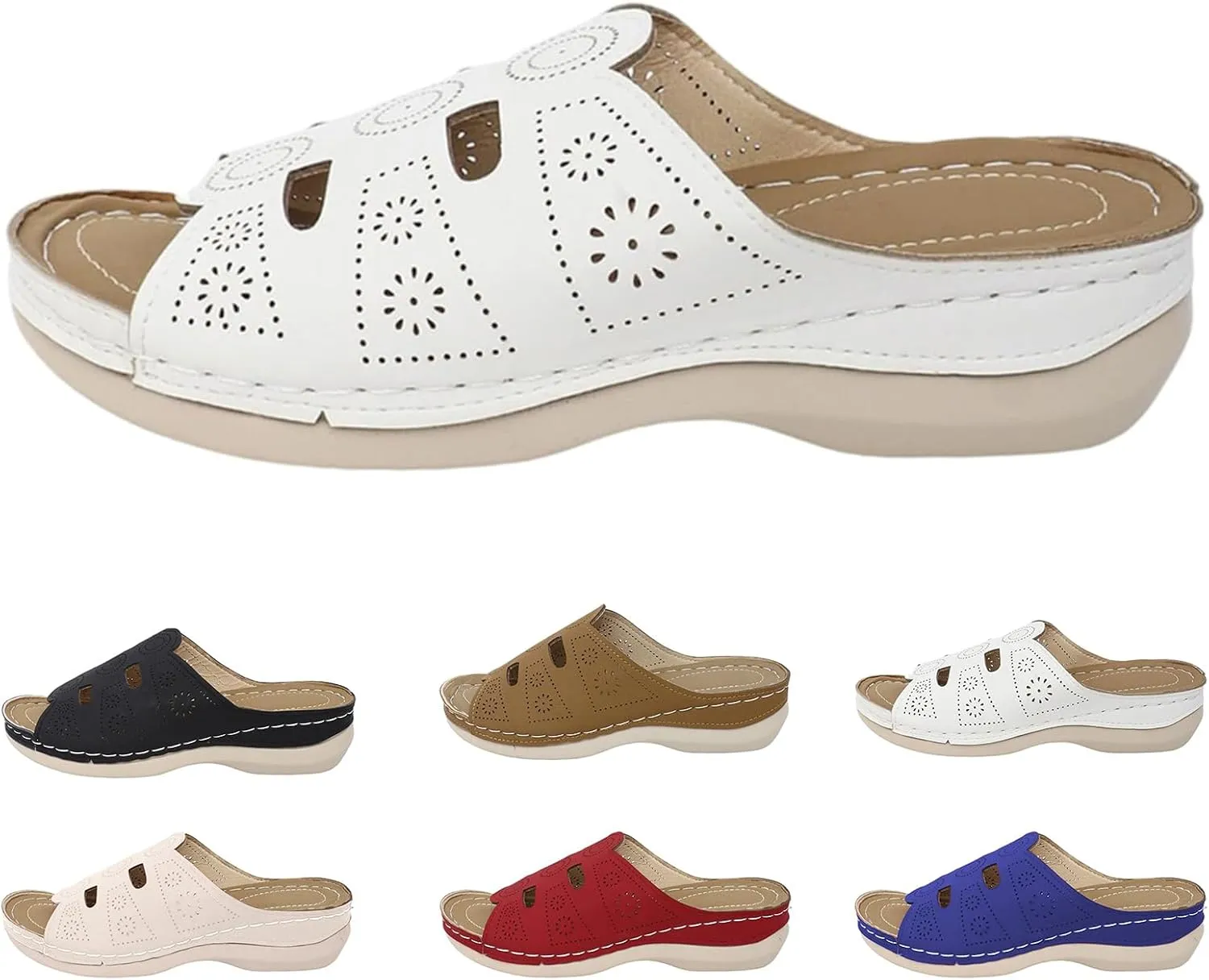 Wedge Sandals for Women Hollow Out Arch Support Sandals Elegant Dressy Low Heel Sandal Casual Summer Open Toe Slip on Lightweight Walking Shoes Boho Beach Vacation Shoes