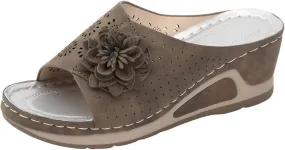 Wedge Sandals for Women Hollow Out Flower Sandal Women's Leather Soft Insole Orthopedic Arch Support Sandals Bohemian Casual Comfy Slides Flat Beach Shoes Moccasins Dressy Open-Toe Wedge Sandal