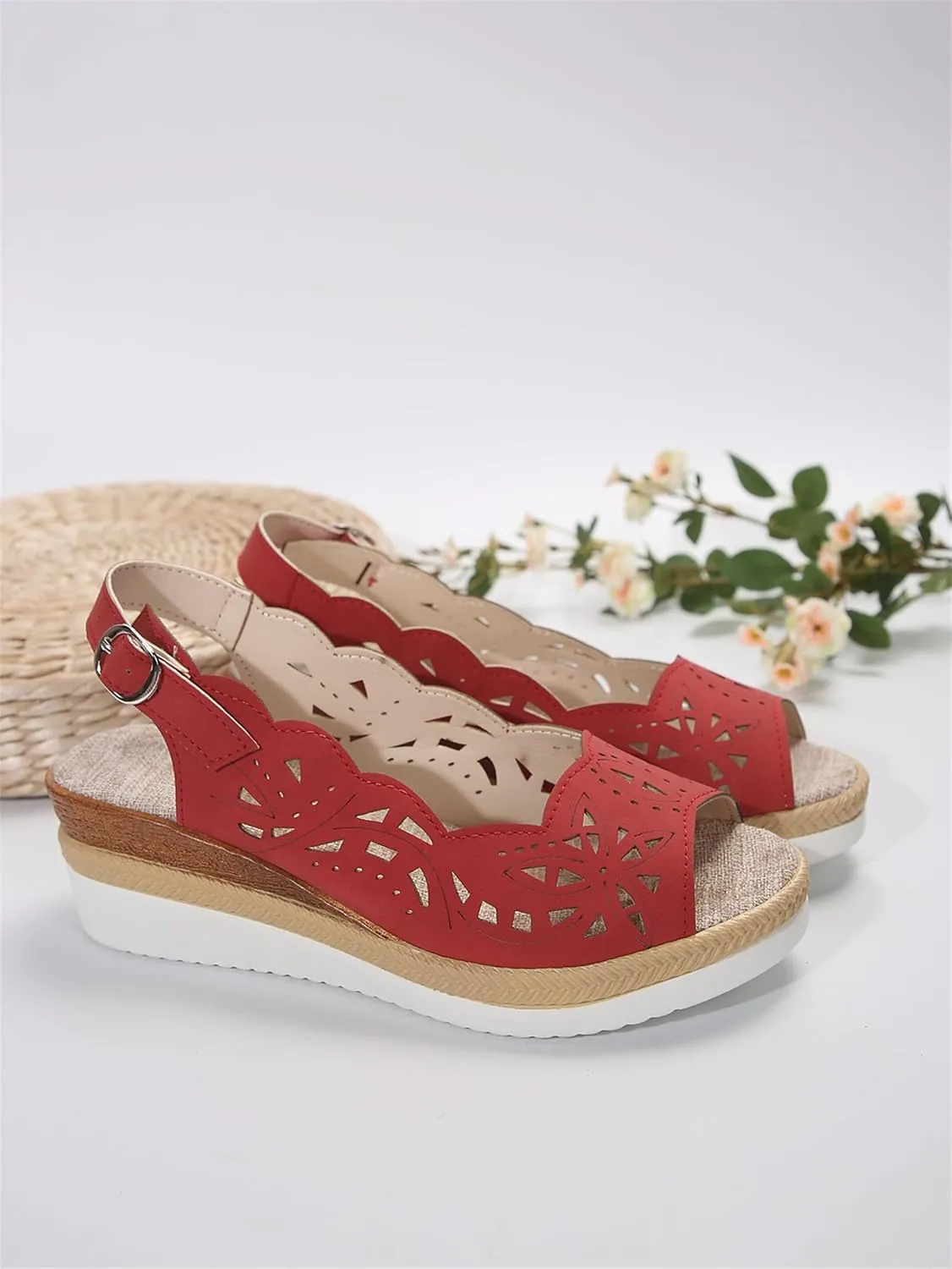 Wedge Sandals for Women Summer Open Toe Espadrilles Sandals, Fashion Hollow Out Fish Mouth Breathable Shoes Ankle Strap Slip on Orthopedic Platform Wedges All Day Comfort