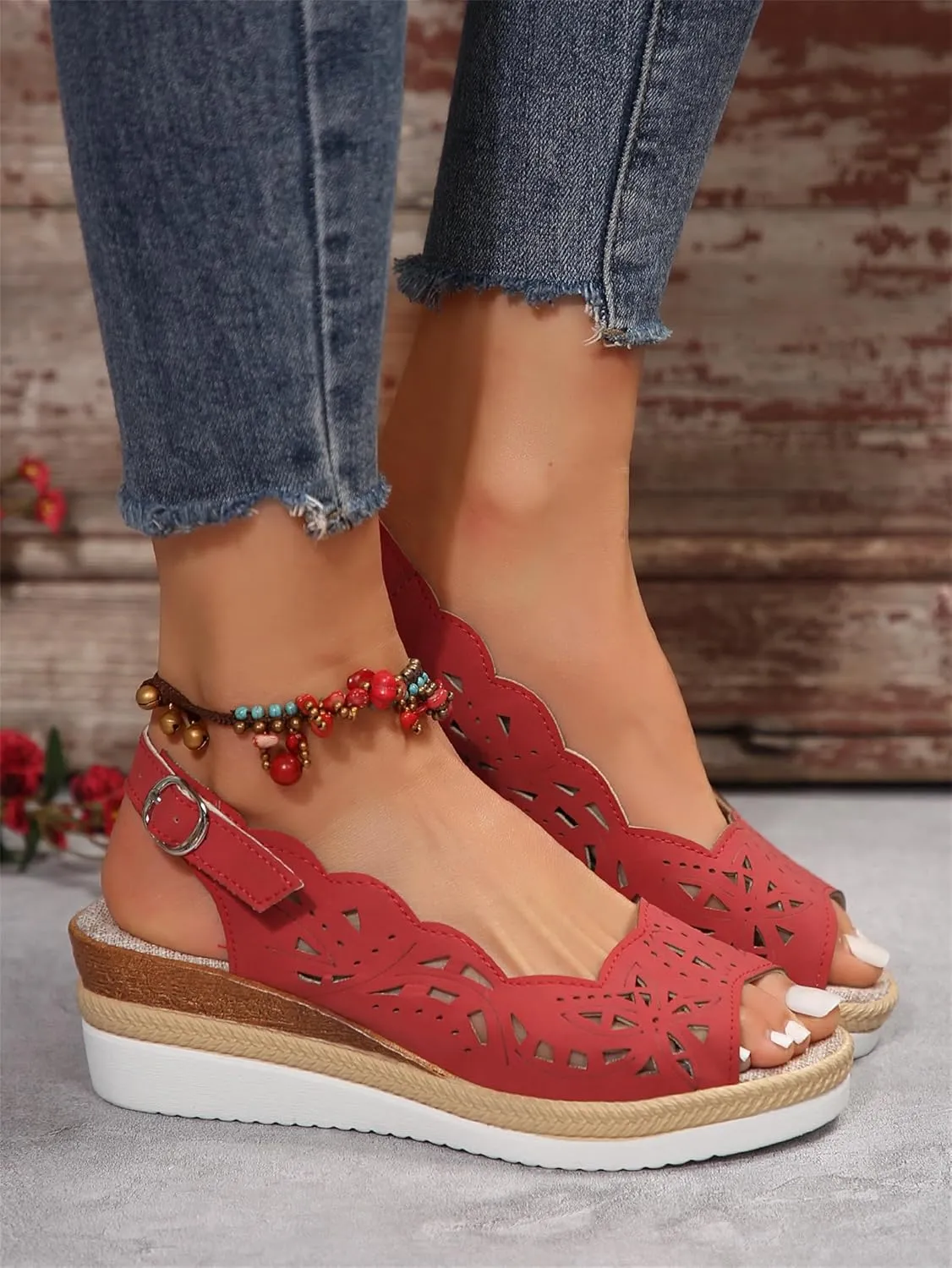 Wedge Sandals for Women Summer Open Toe Espadrilles Sandals, Fashion Hollow Out Fish Mouth Breathable Shoes Ankle Strap Slip on Orthopedic Platform Wedges All Day Comfort