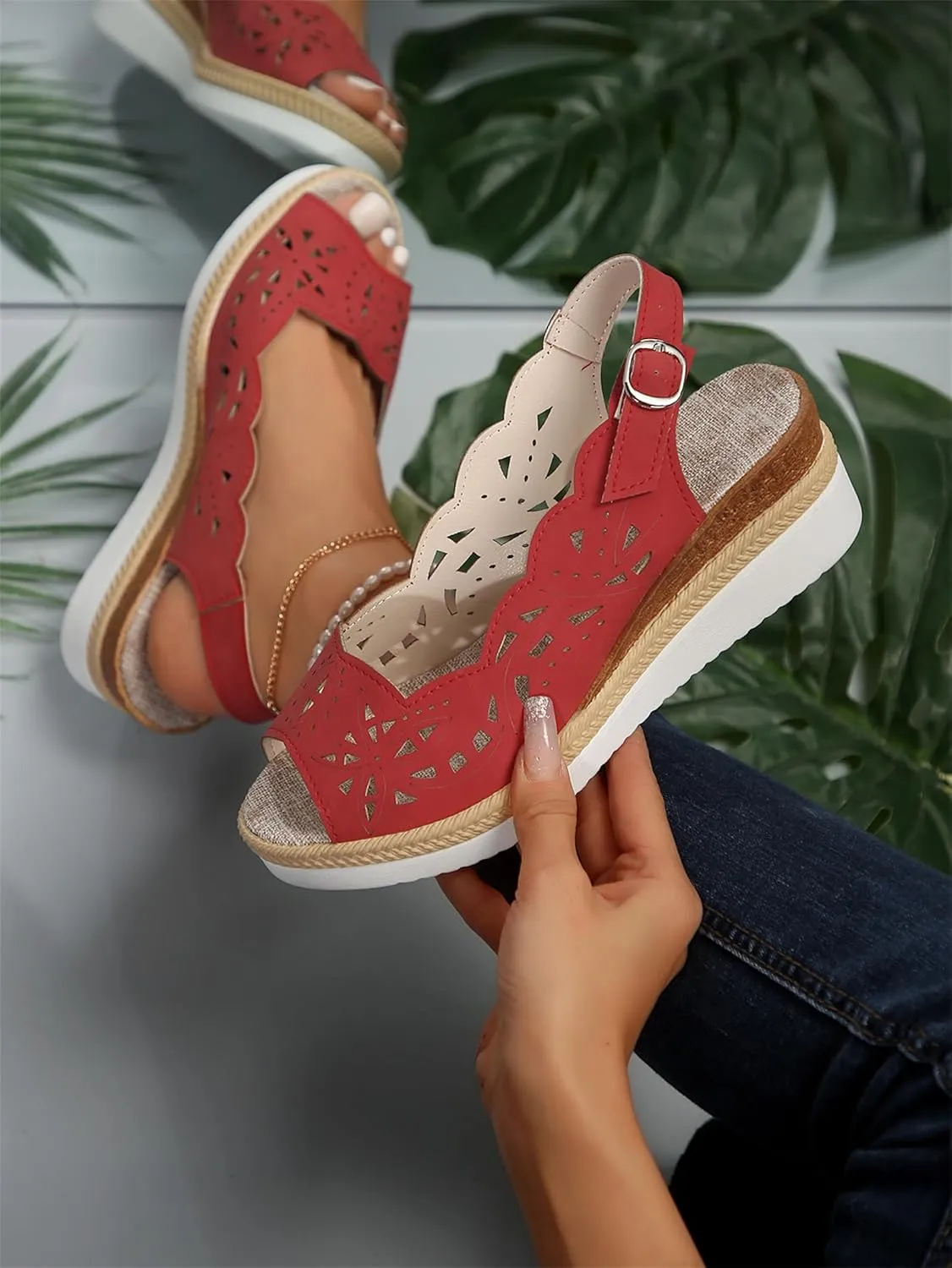 Wedge Sandals for Women Summer Open Toe Espadrilles Sandals, Fashion Hollow Out Fish Mouth Breathable Shoes Ankle Strap Slip on Orthopedic Platform Wedges All Day Comfort