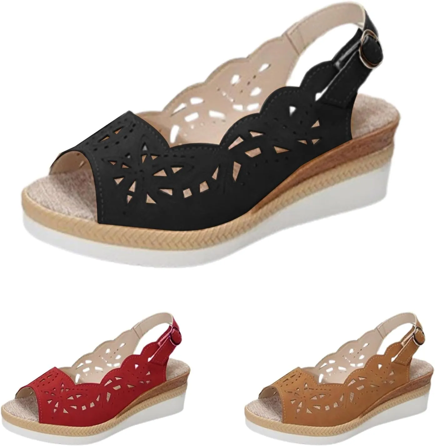 Wedge Sandals for Women Summer Open Toe Espadrilles Sandals, Fashion Hollow Out Fish Mouth Breathable Shoes Ankle Strap Slip on Orthopedic Platform Wedges All Day Comfort