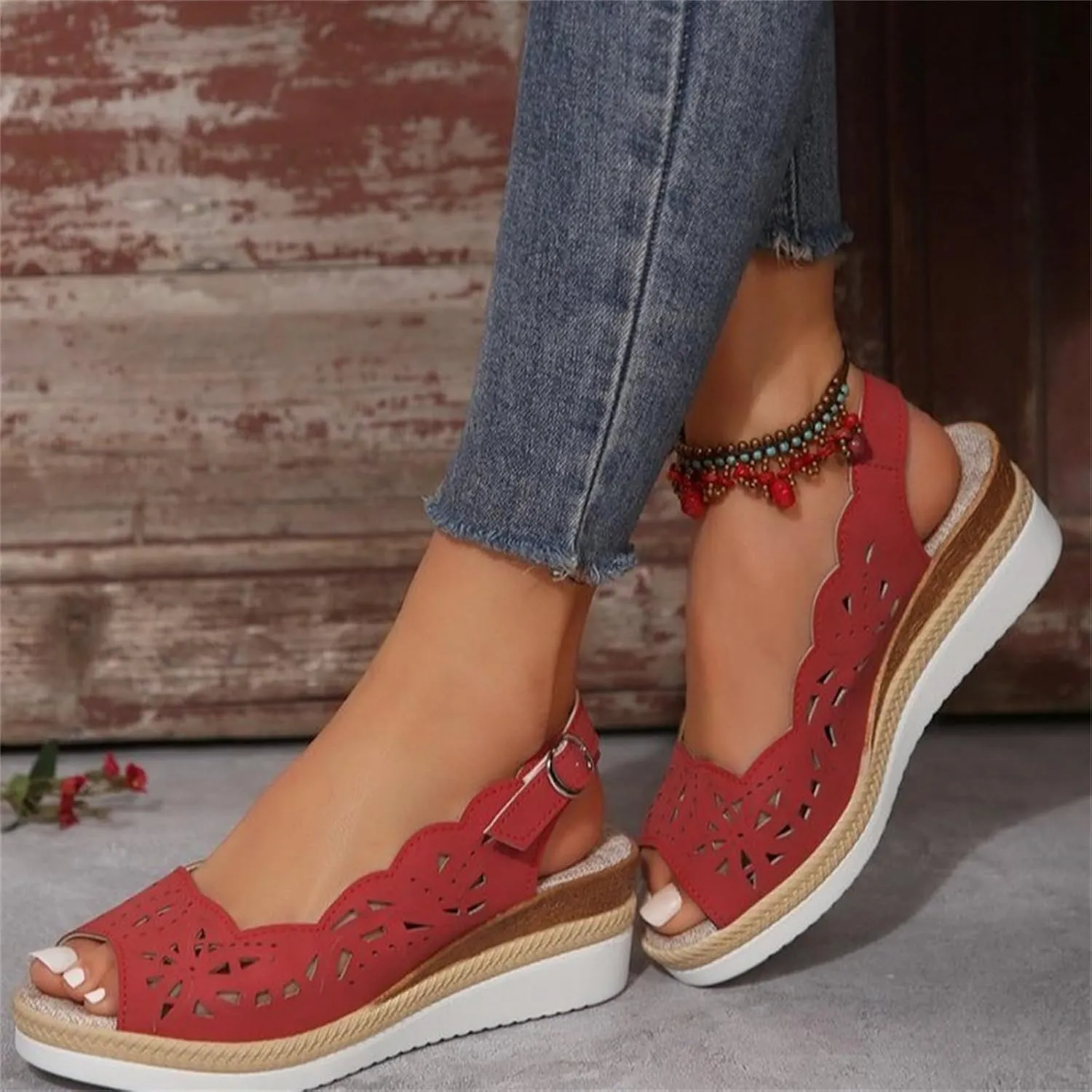 Wedge Sandals for Women Summer Open Toe Espadrilles Sandals, Fashion Hollow Out Fish Mouth Breathable Shoes Ankle Strap Slip on Orthopedic Platform Wedges All Day Comfort