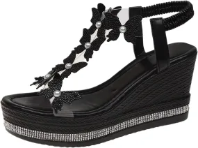 Wedge Sandals For Women Summer Slides Platform Sandals Flat Casual Rhinestone Beaded Sparkly Bling Bohemian Lace Flower Sandal Fashionable Butterfly Decor Cute Walking Shoes