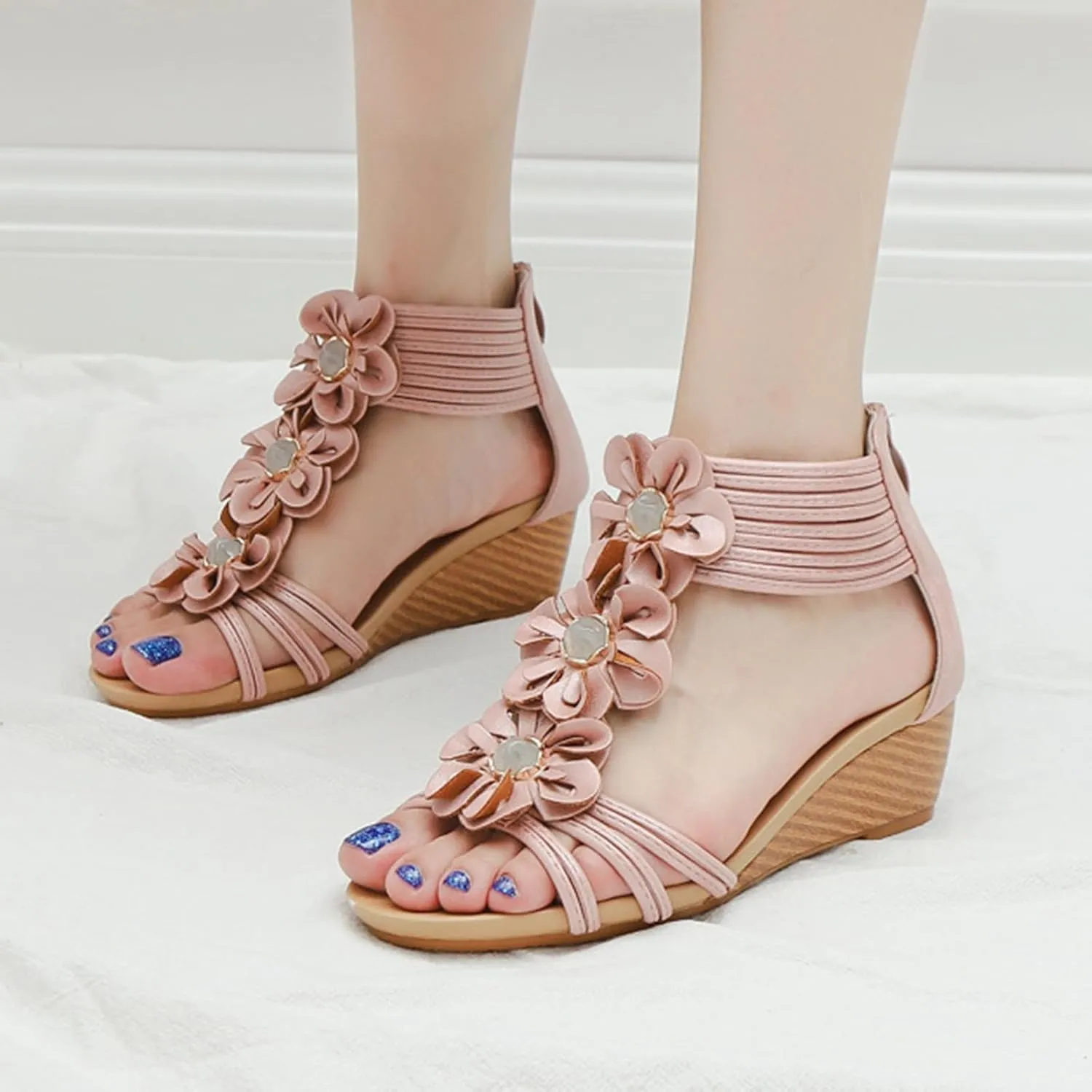 Wedge Sandals for Womens Open Toe Slingback Non Slip Sandals Comfortable Yoga Mat Shoes Fashion Flower Design Lightweight Oceanside Beach Walking Shoes for Summer Outdoor