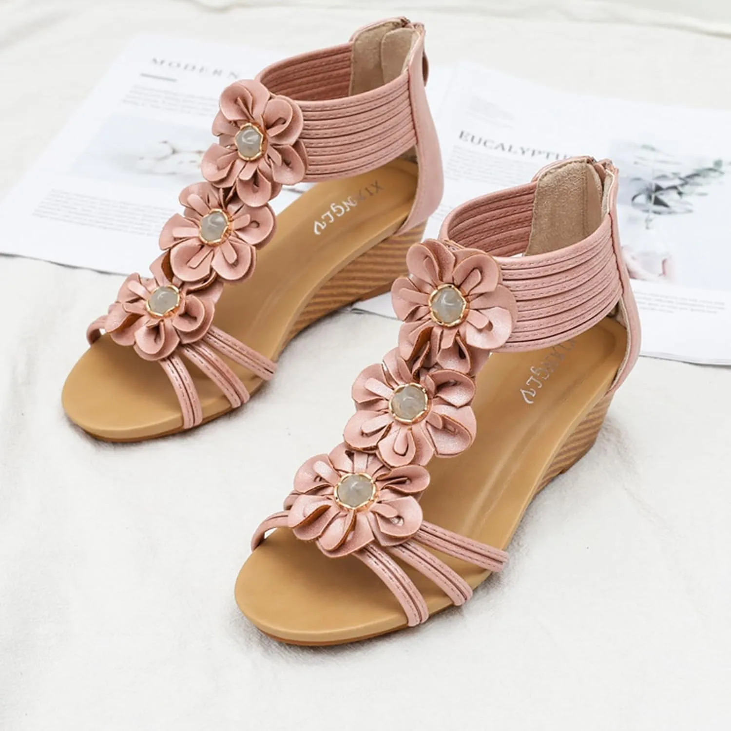 Wedge Sandals for Womens Open Toe Slingback Non Slip Sandals Comfortable Yoga Mat Shoes Fashion Flower Design Lightweight Oceanside Beach Walking Shoes for Summer Outdoor