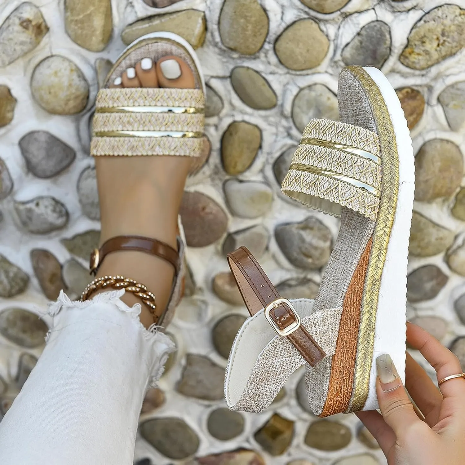 Wedges for Women Ankle Strap Heel Sandal Open Toe Summer Casual Flatform Platform Wedge Slides for Women