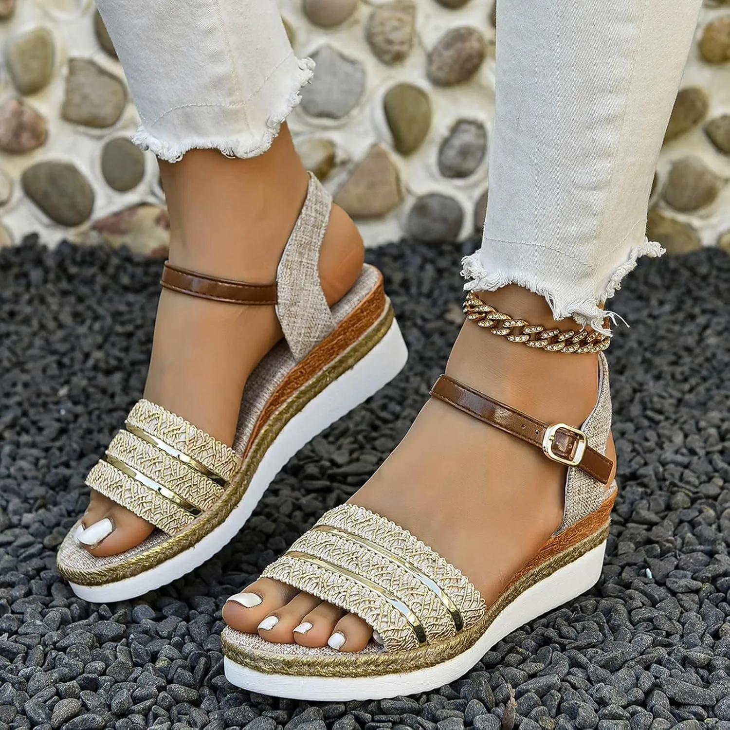 Wedges for Women Ankle Strap Heel Sandal Open Toe Summer Casual Flatform Platform Wedge Slides for Women