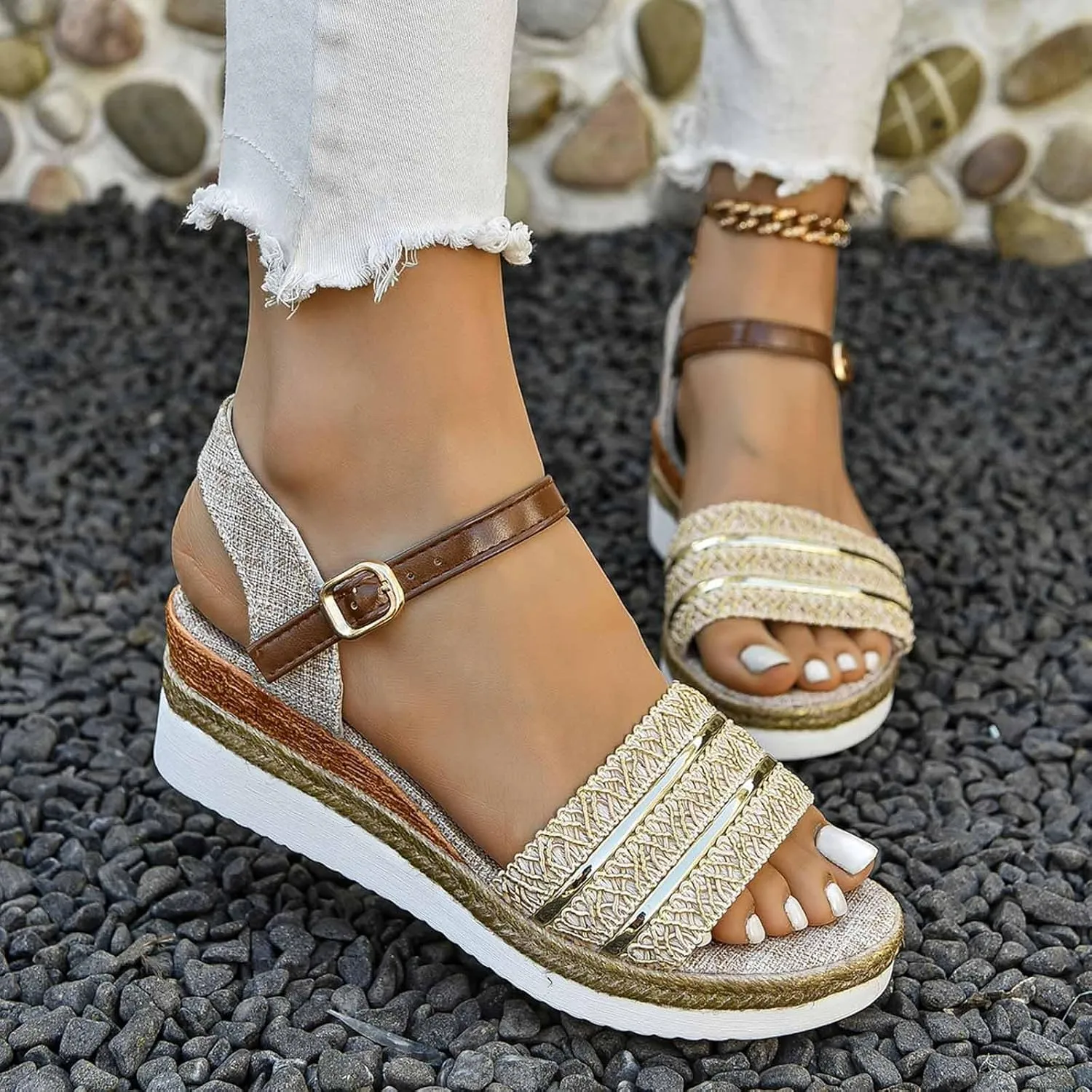 Wedges for Women Ankle Strap Heel Sandal Open Toe Summer Casual Flatform Platform Wedge Slides for Women