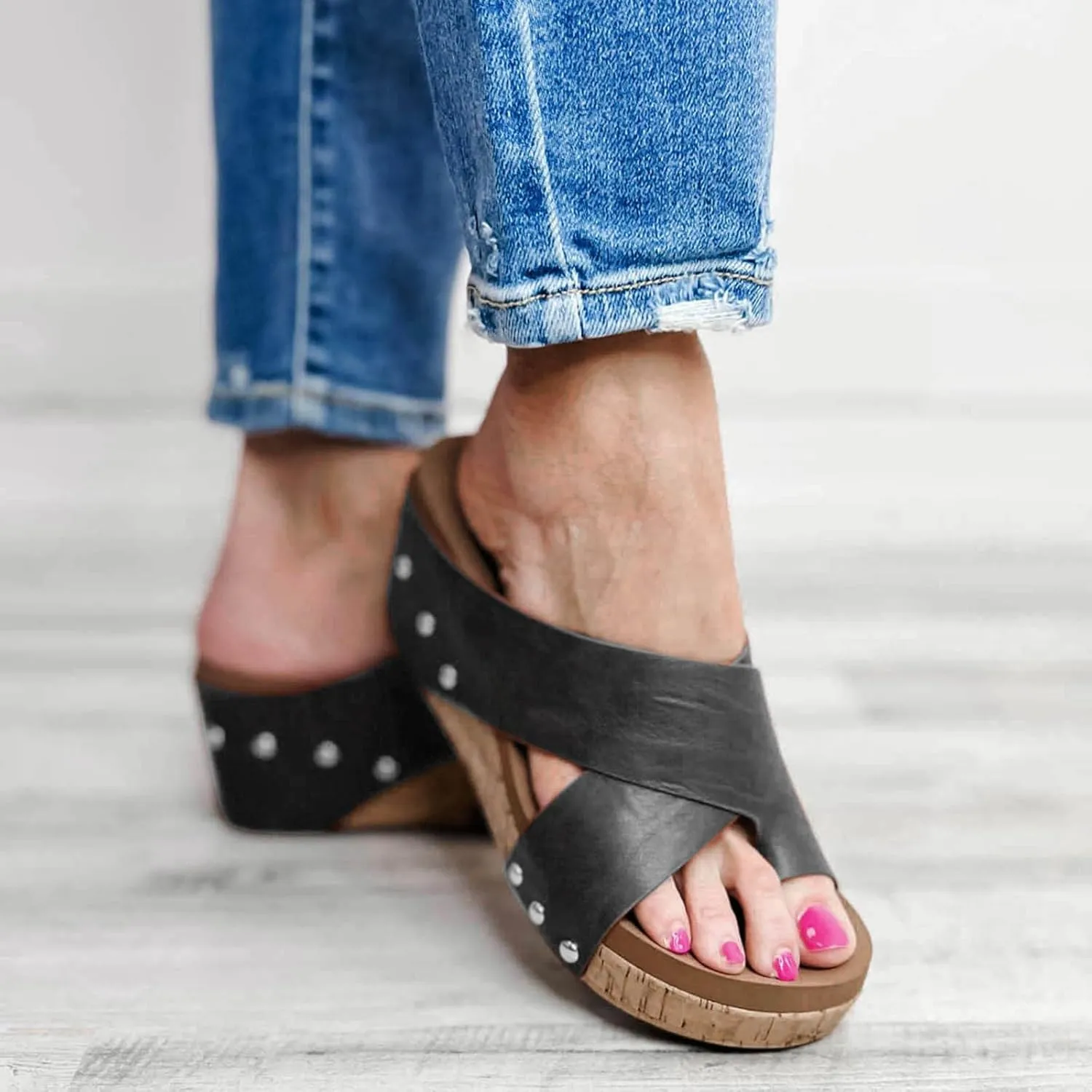 Wedges for Women Womens Casual Slip on Summer Wedge Sandals Black Slides Women's Classic Wedge Heels Sandals