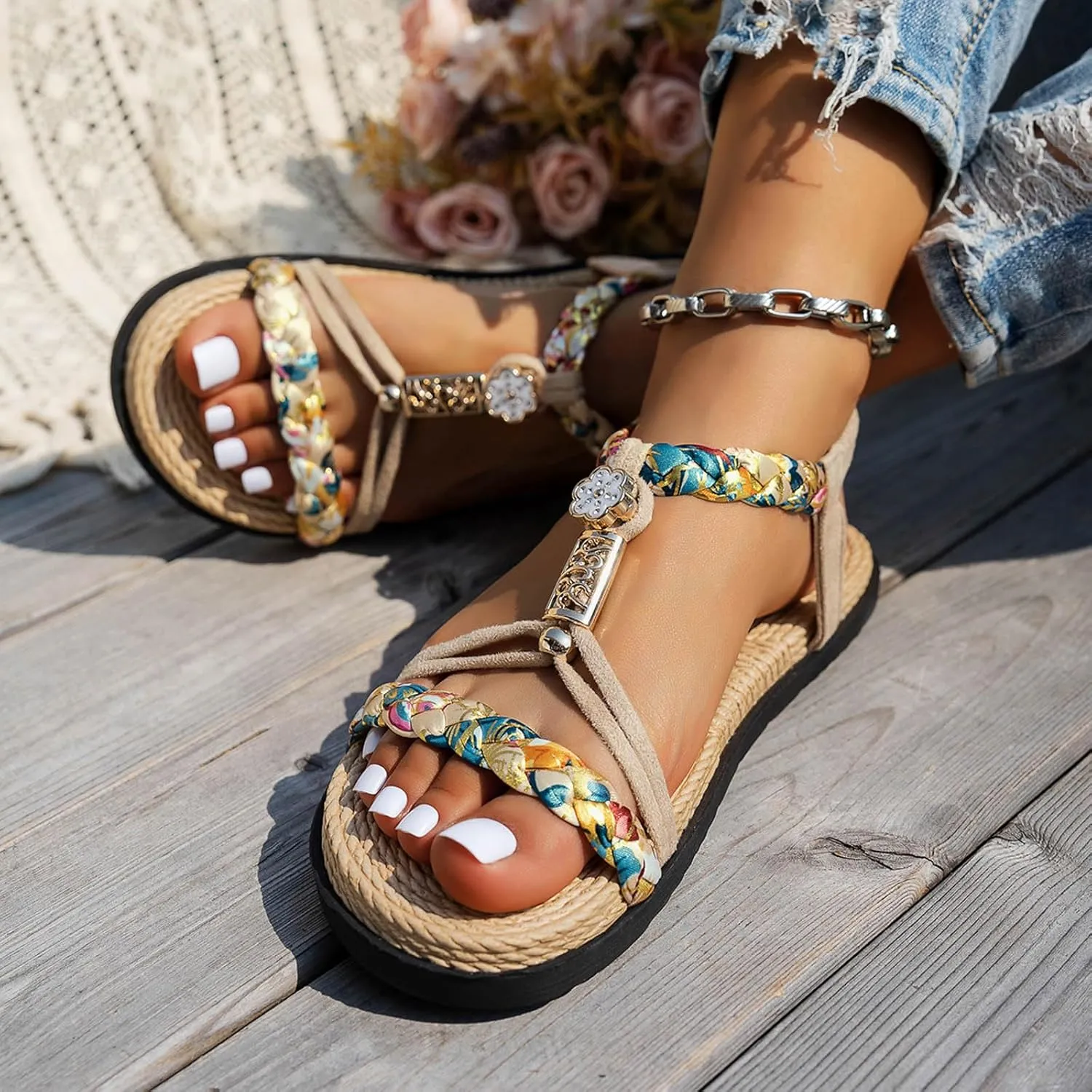 Wedges Sandals Elastic Ankle Strap Thick Soled Hollow Women's Bohemian Shoes Summer Braided Rhinestone Classic Color