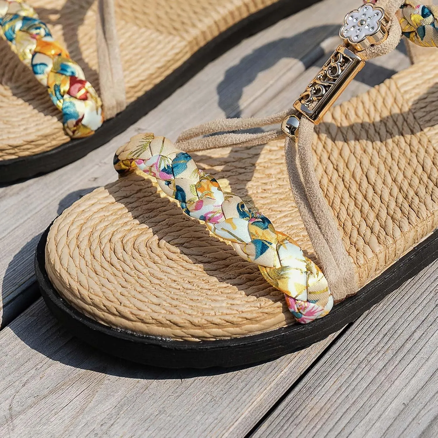 Wedges Sandals Elastic Ankle Strap Thick Soled Hollow Women's Bohemian Shoes Summer Braided Rhinestone Classic Color