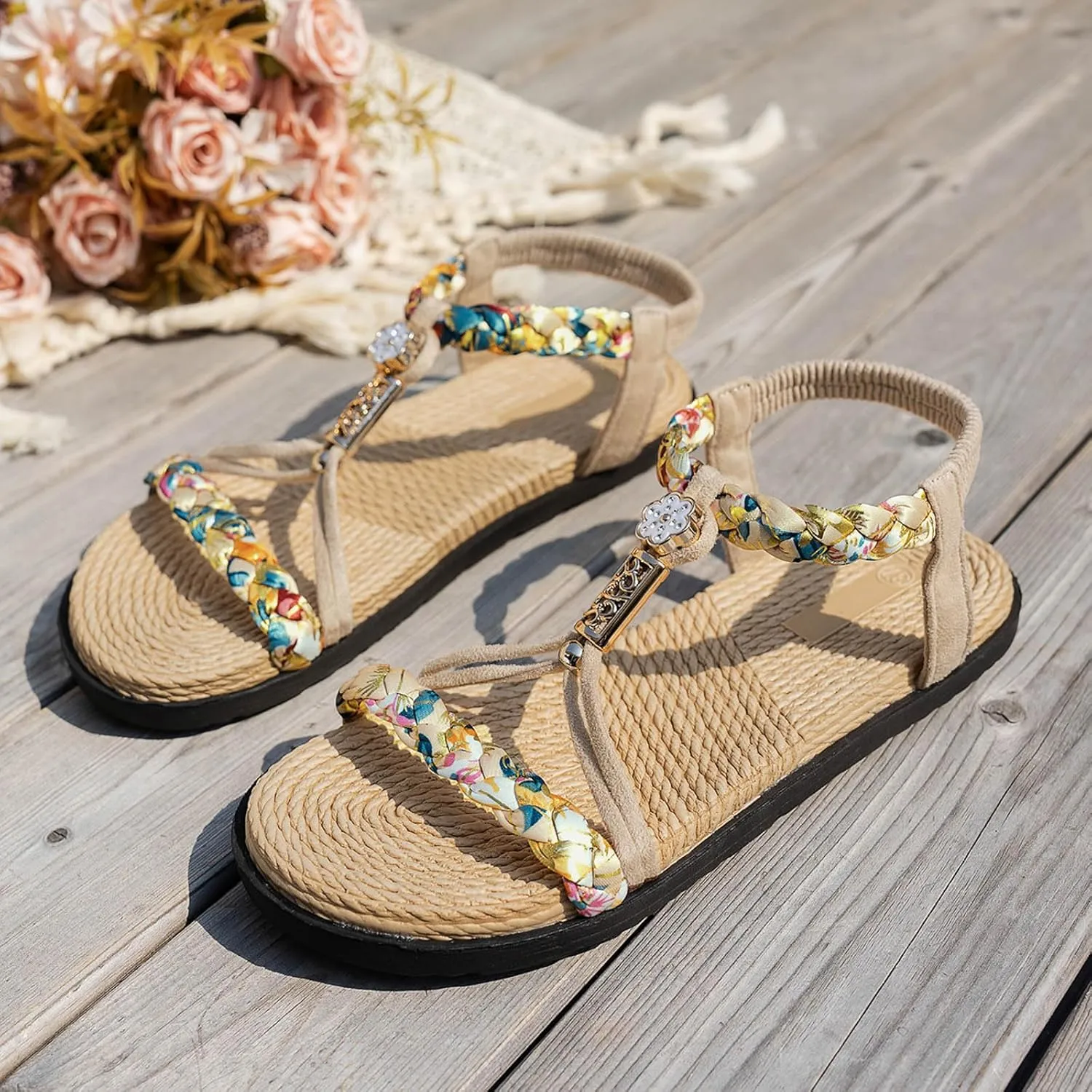 Wedges Sandals Elastic Ankle Strap Thick Soled Hollow Women's Bohemian Shoes Summer Braided Rhinestone Classic Color