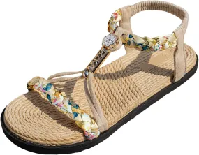 Wedges Sandals Elastic Ankle Strap Thick Soled Hollow Women's Bohemian Shoes Summer Braided Rhinestone Classic Color