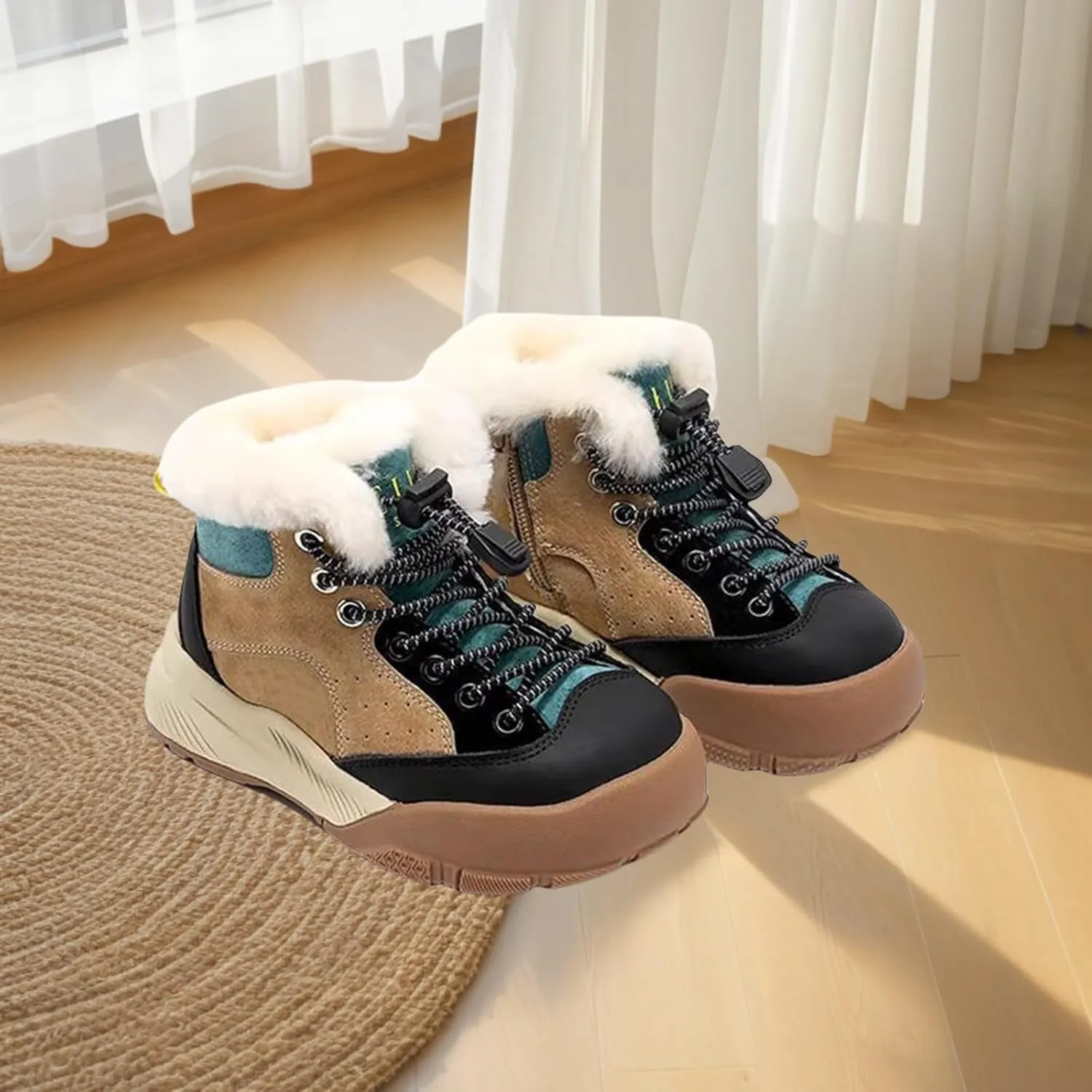 Winter Outdoor Faux Fr Snow Boots for Kids Fleece Plush Warm Furry Ankle Booties Boys Girls Hiking Sport Shoes