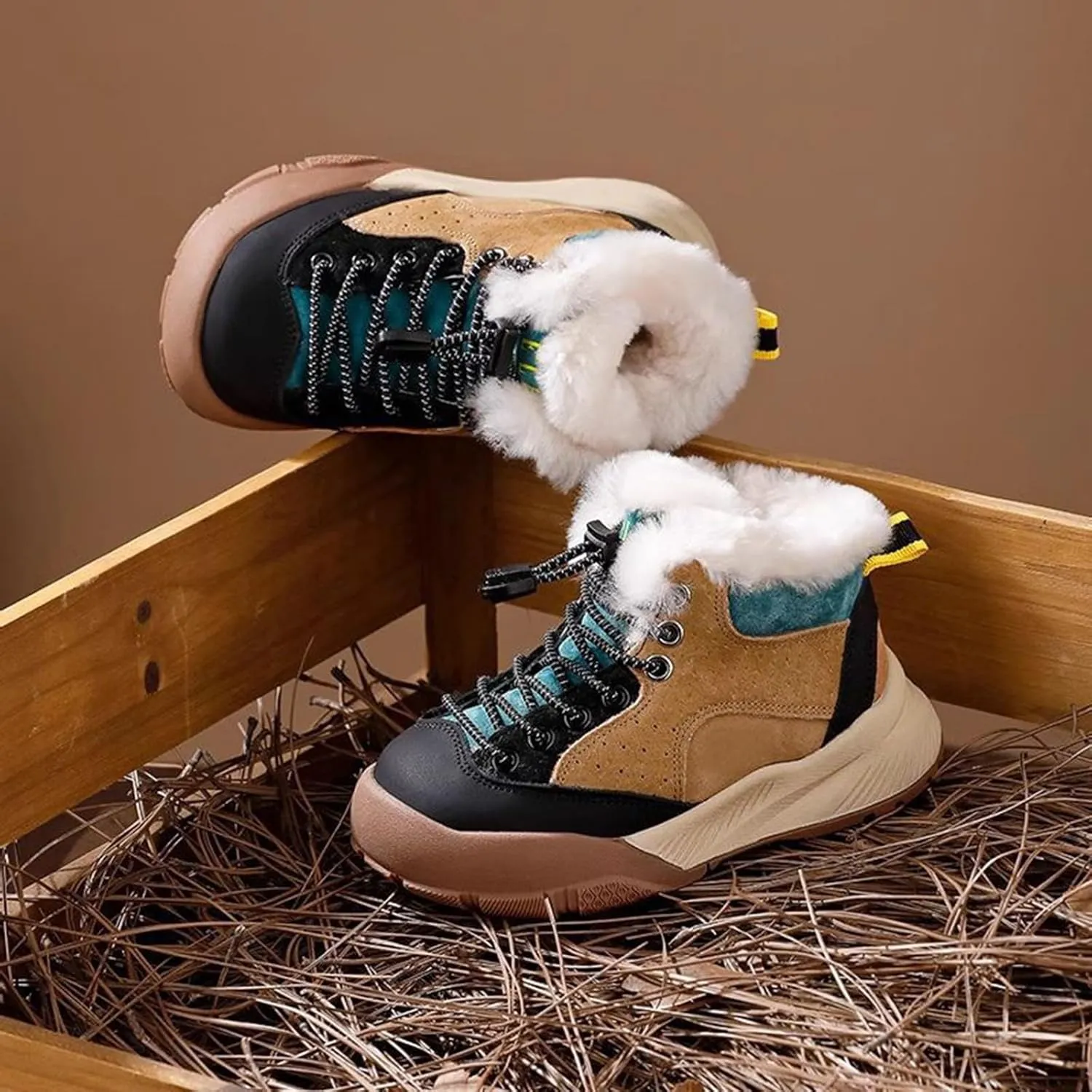 Winter Outdoor Faux Fr Snow Boots for Kids Fleece Plush Warm Furry Ankle Booties Boys Girls Hiking Sport Shoes