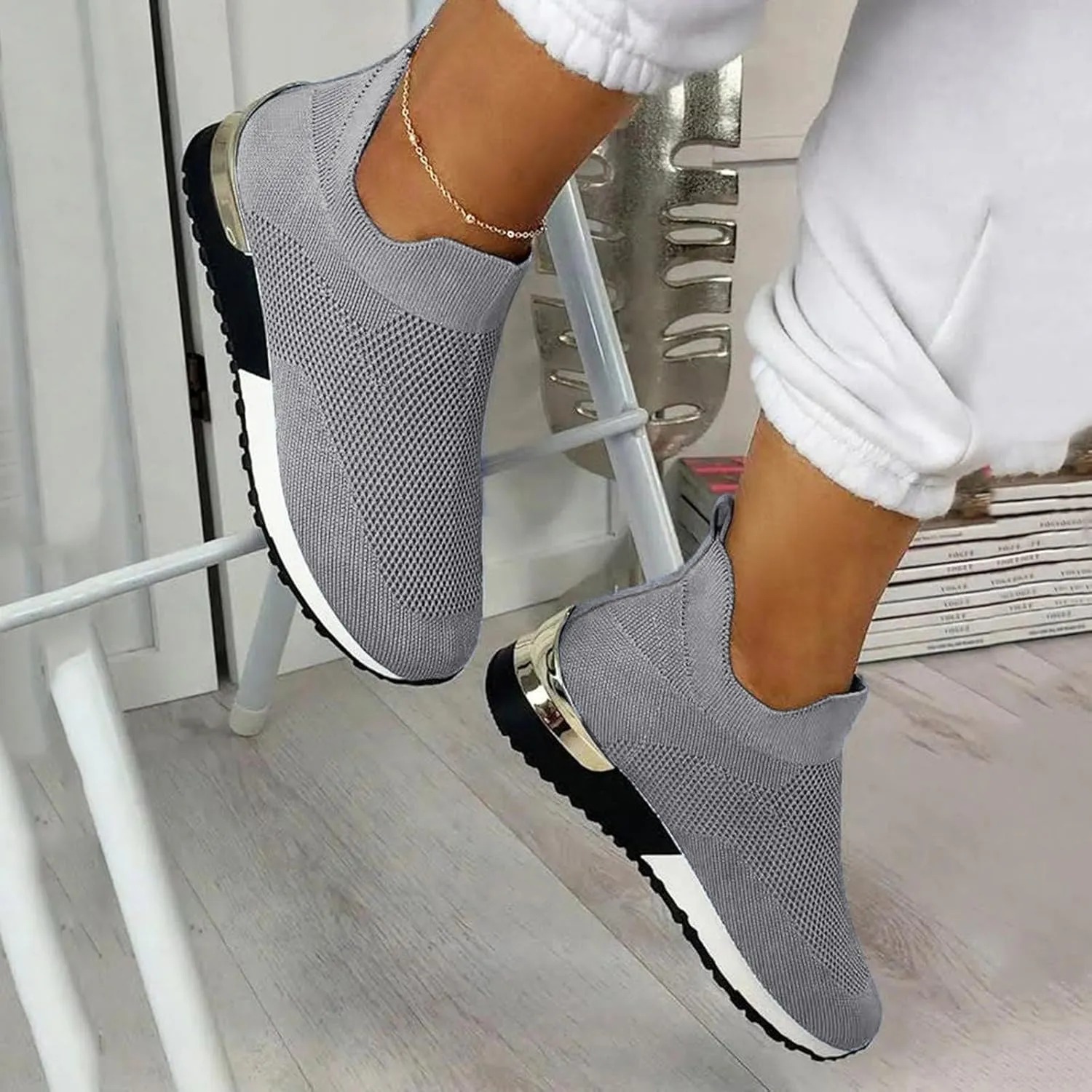 Women Elastic Slip On Sneakers Casual Walking Shoes Lightweight Canvas Comfortable Flats Non Slip Breathable Loafers