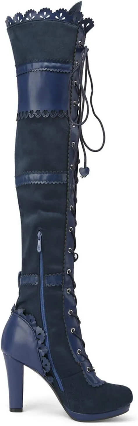 Women Lace Bow Goth Knee High Heel Boots Lace Up Knee Length Boots Punk Platform Boots Comfortable Walking Shoes