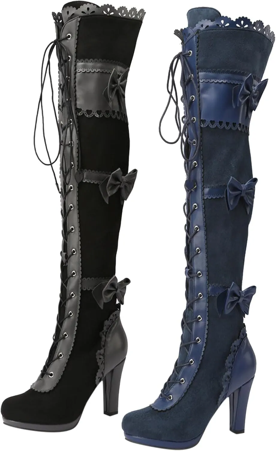 Women Lace Bow Goth Knee High Heel Boots Lace Up Knee Length Boots Punk Platform Boots Comfortable Walking Shoes