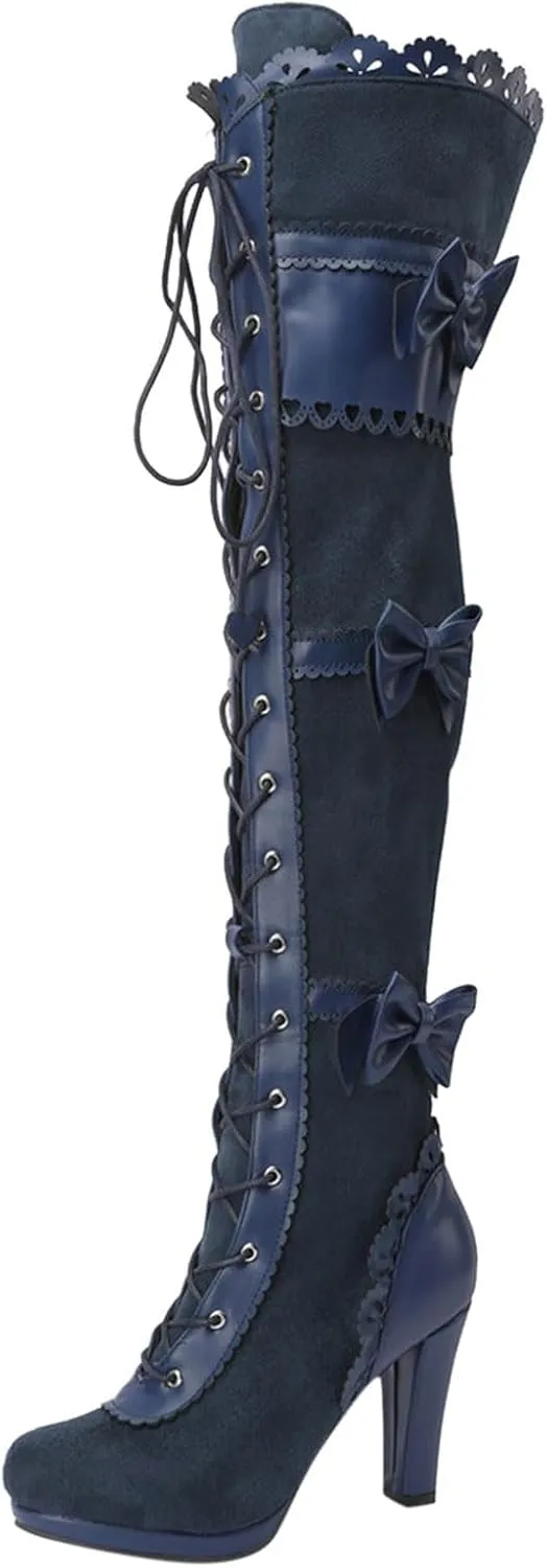 Women Lace Bow Goth Knee High Heel Boots Lace Up Knee Length Boots Punk Platform Boots Comfortable Walking Shoes